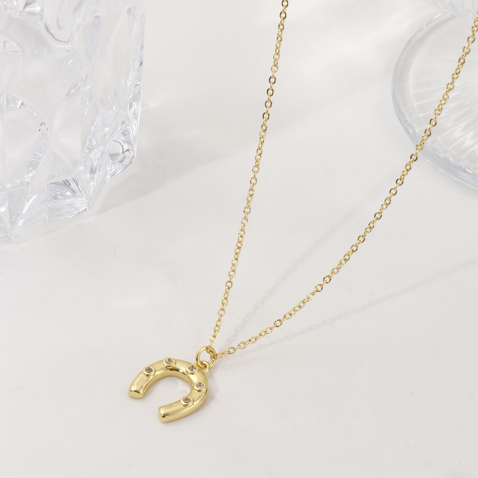Imagen de 18K Oro Real Chapado Cadena de Cable Cruz Herradura Collar con Colgante, Latón & Acrílico 46cm + 6cm, Para Mujeres, Claro Circón Artificial Elegante Vaquero del Oeste Regalo, Respetuoso del Medio Ambiente, 1 Unidad