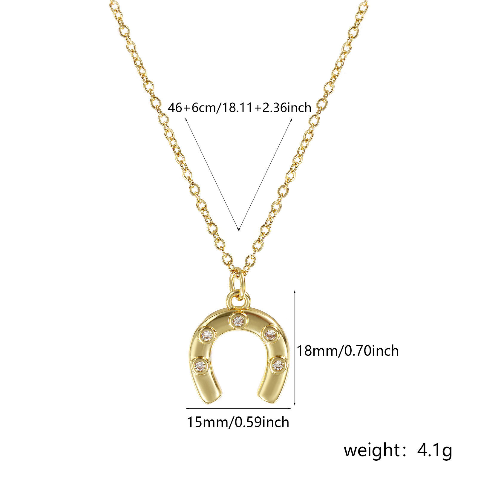 Imagen de 18K Oro Real Chapado Cadena de Cable Cruz Herradura Collar con Colgante, Latón & Acrílico 46cm + 6cm, Para Mujeres, Claro Circón Artificial Elegante Vaquero del Oeste Regalo, Respetuoso del Medio Ambiente, 1 Unidad