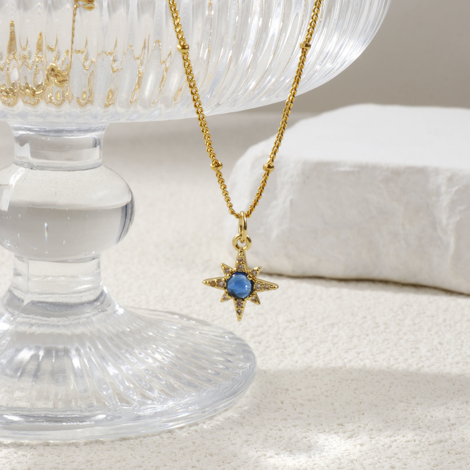 Picture of 18K Real Gold Plated Curb Link Chain Star Pendant Charm Necklace, Brass 45cm(17.7") + 5cm(2"), For Women, Clear Cubic Zirconia Dark Blue Exquisite Galaxy Gift, Eco-friendly, 1 Piece
