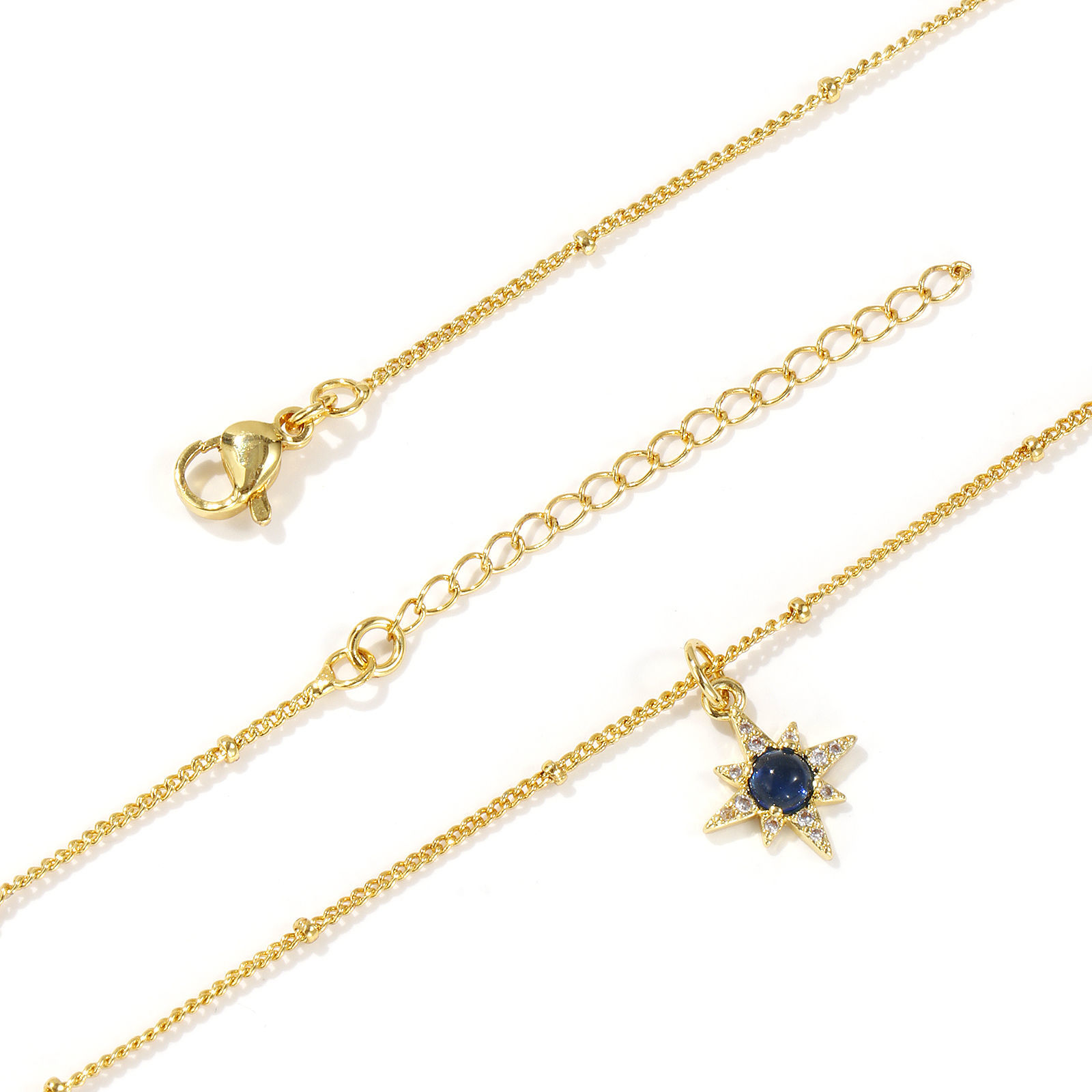 Picture of 18K Real Gold Plated Curb Link Chain Star Pendant Charm Necklace, Brass 45cm(17.7") + 5cm(2"), For Women, Clear Cubic Zirconia Dark Blue Exquisite Galaxy Gift, Eco-friendly, 1 Piece
