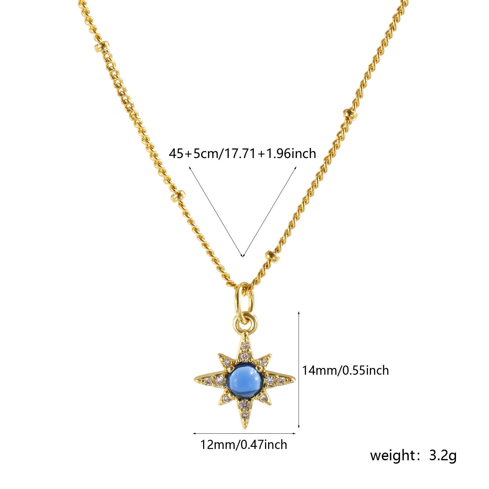 Picture of 18K Real Gold Plated Curb Link Chain Star Pendant Charm Necklace, Brass 45cm(17.7") + 5cm(2"), For Women, Clear Cubic Zirconia Dark Blue Exquisite Galaxy Gift, Eco-friendly, 1 Piece