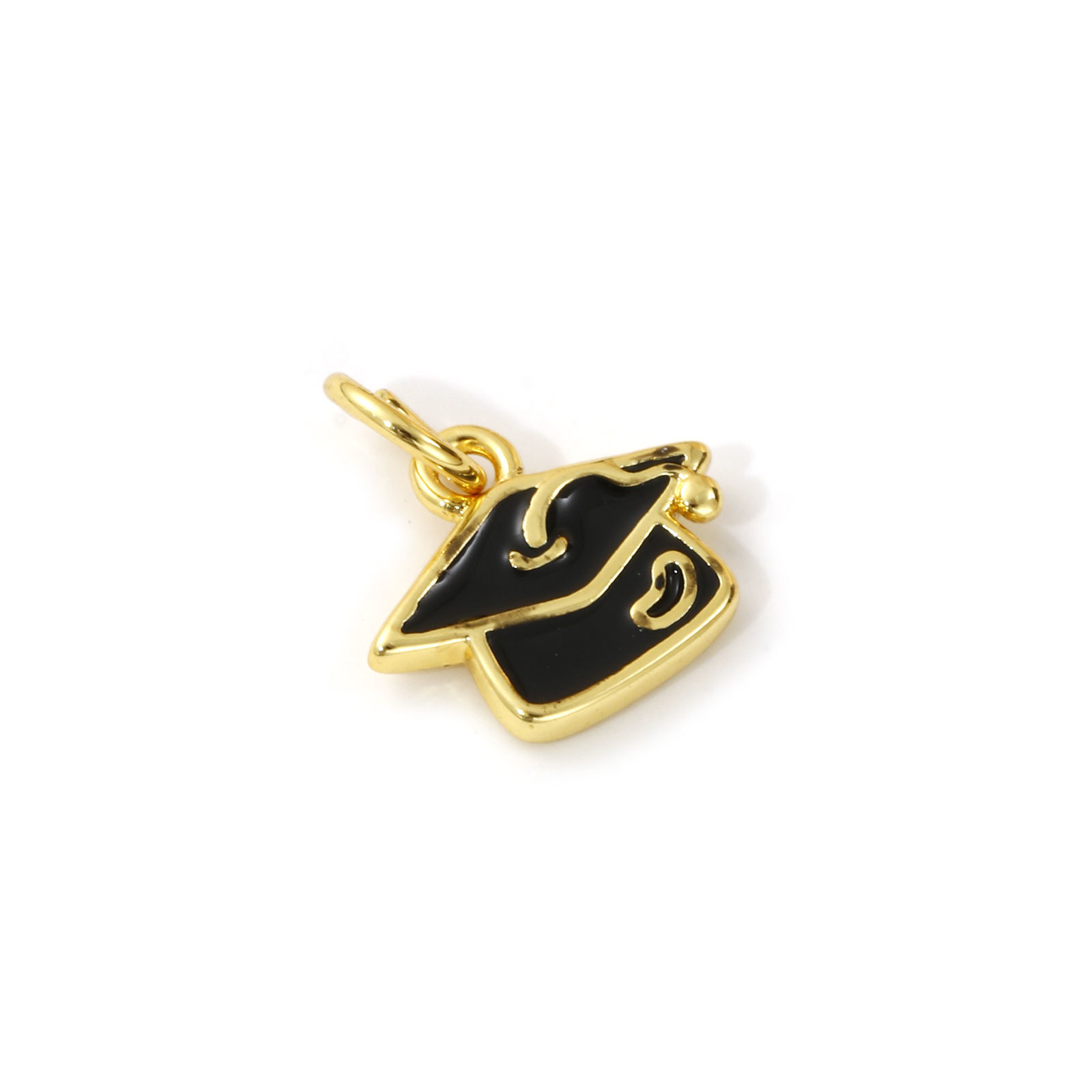 Picture of 2 PCs Brass College Jewelry Charms 18K Gold Plated Black Enamel Doctorial Hat 13mm x 11mm