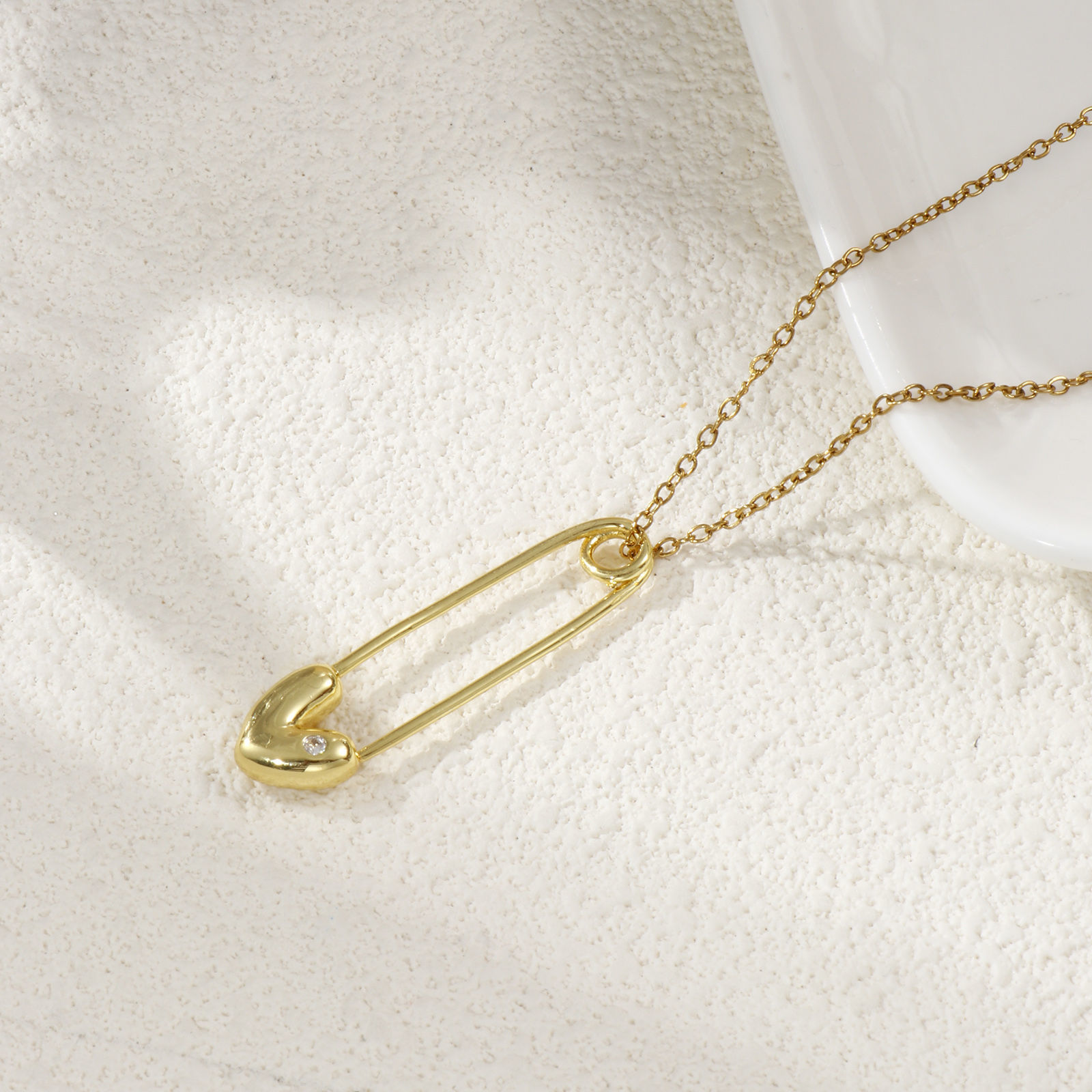 Picture of 1 Piece Brass Valentine's Day Pendants 18K Gold Plated Pin Heart 3D Clear Cubic Zirconia 3.9cm x 1cm