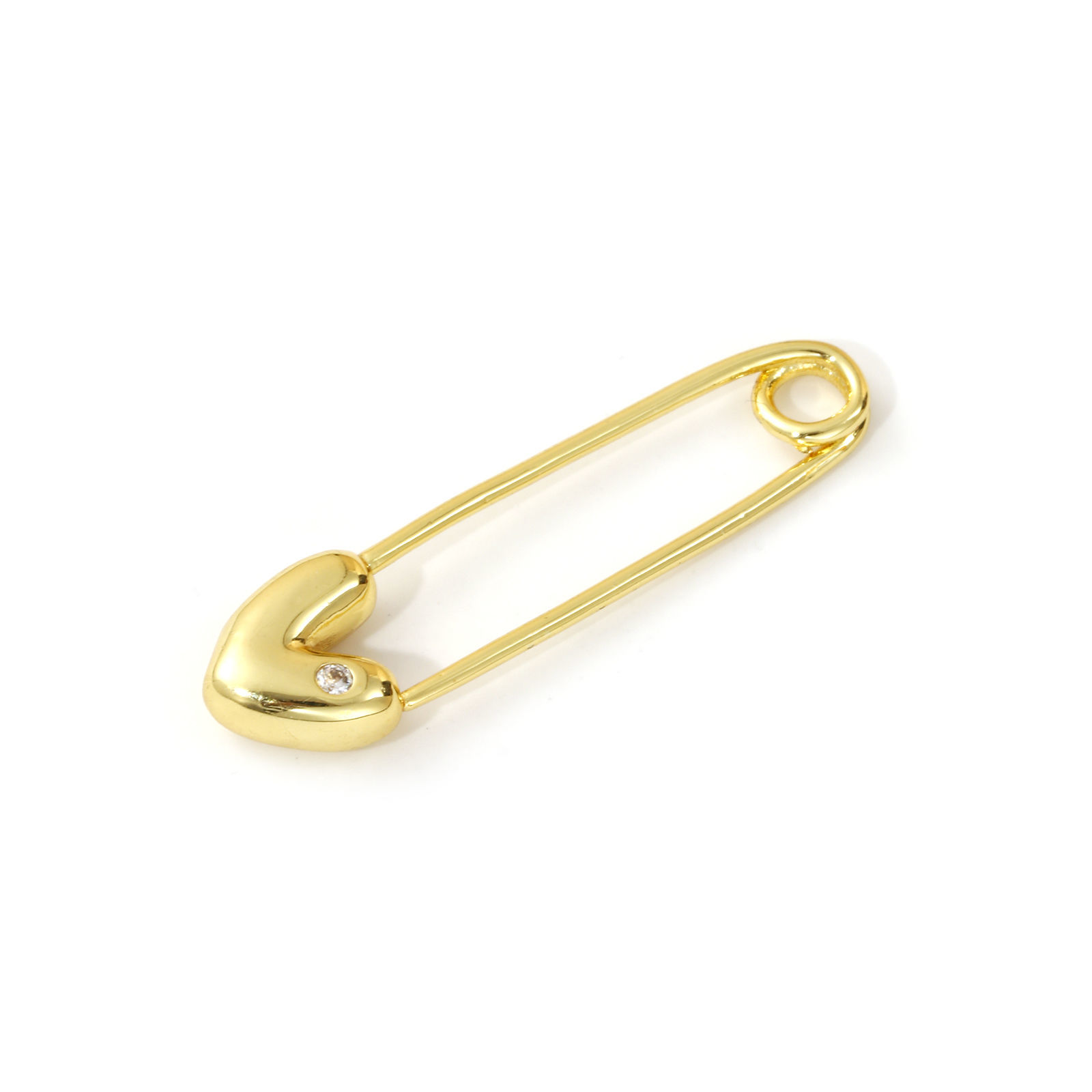 Picture of 1 Piece Brass Valentine's Day Pendants 18K Gold Plated Pin Heart 3D Clear Cubic Zirconia 3.9cm x 1cm