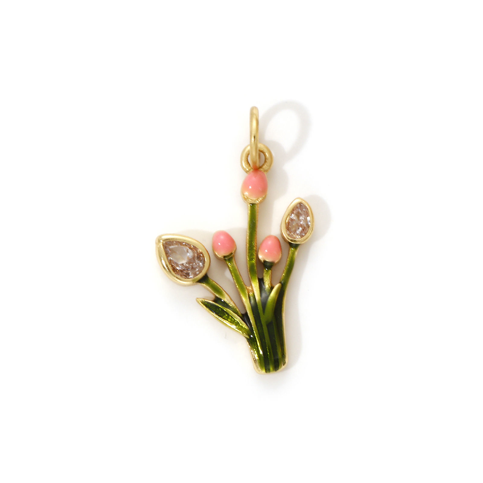 Picture of 1 Piece Eco-friendly Brass Flora Collection Charms 18K Real Gold Plated Green Enamel Tulip Flower Micro Pave Clear Cubic Zirconia 22mm x 13mm