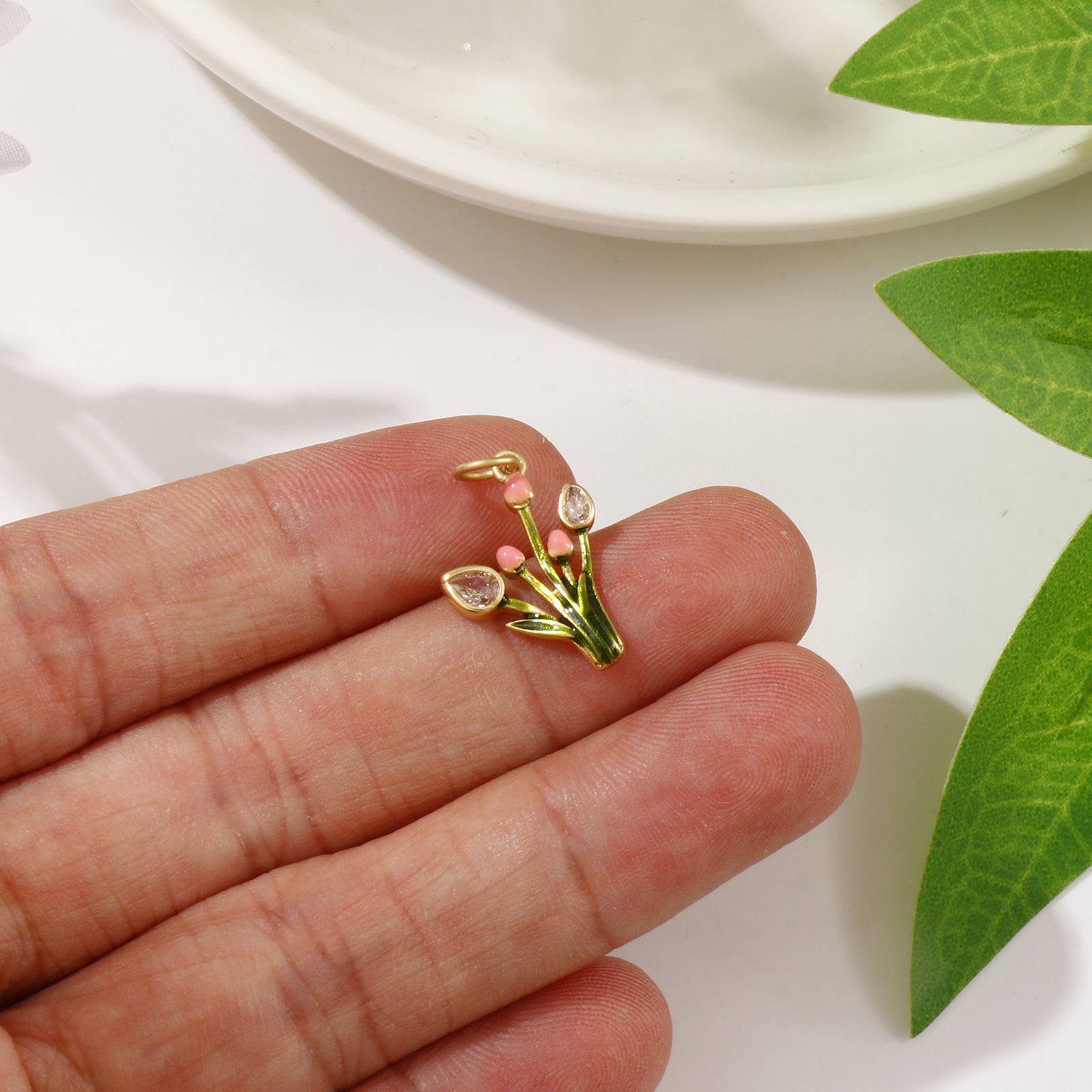 Picture of 1 Piece Eco-friendly Brass Flora Collection Charms 18K Real Gold Plated Green Enamel Tulip Flower Micro Pave Clear Cubic Zirconia 22mm x 13mm