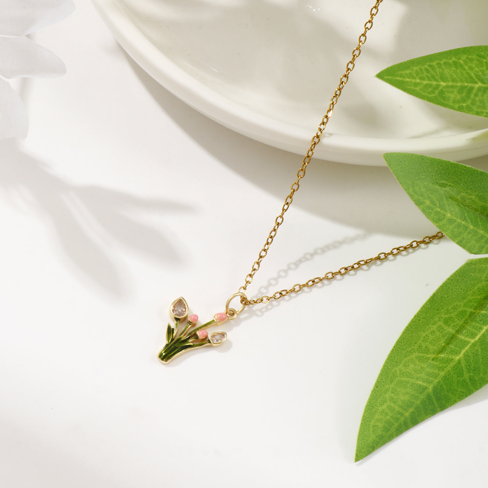 Picture of 1 Piece Eco-friendly Brass Flora Collection Charms 18K Real Gold Plated Green Enamel Tulip Flower Micro Pave Clear Cubic Zirconia 22mm x 13mm