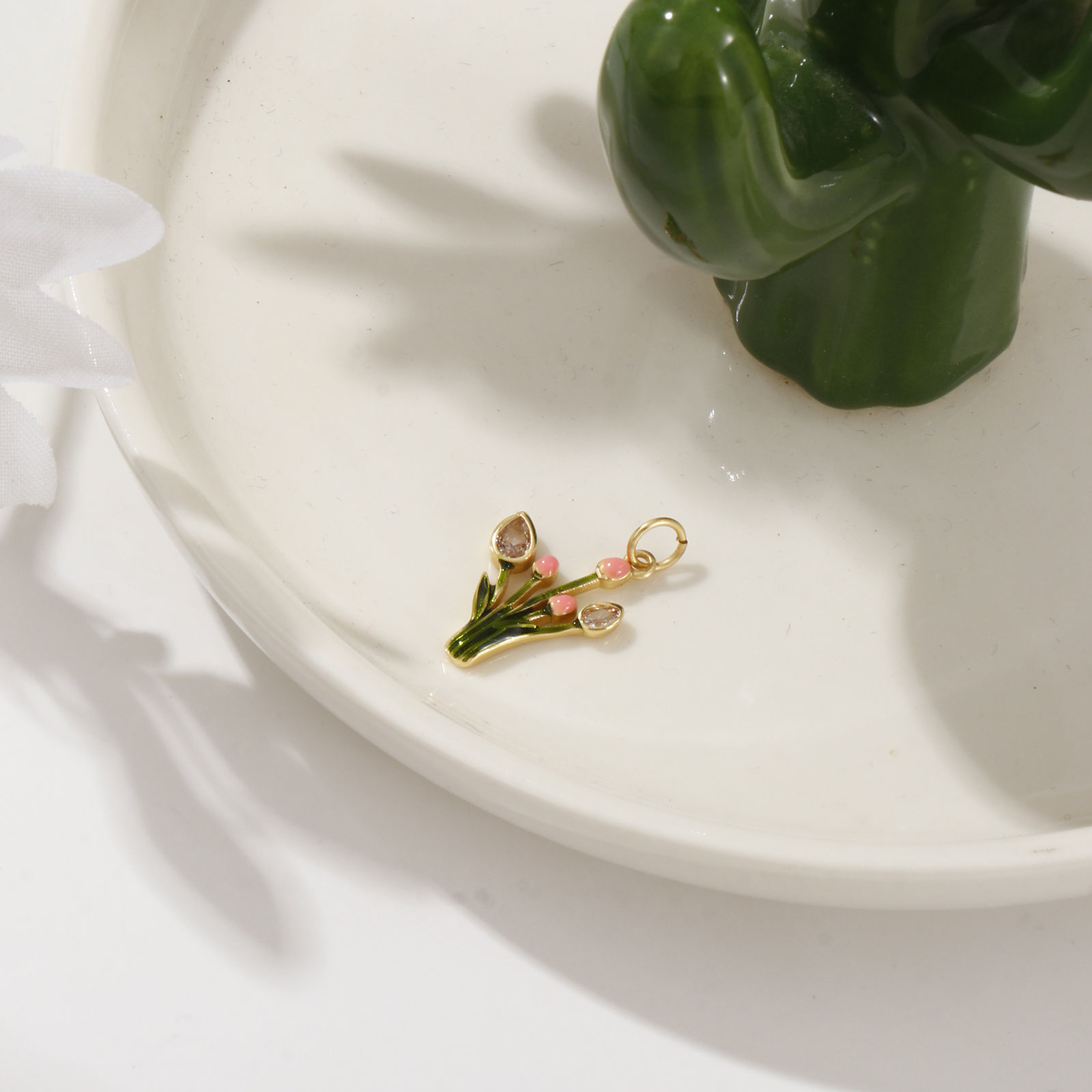 Picture of 1 Piece Eco-friendly Brass Flora Collection Charms 18K Real Gold Plated Green Enamel Tulip Flower Micro Pave Clear Cubic Zirconia 22mm x 13mm