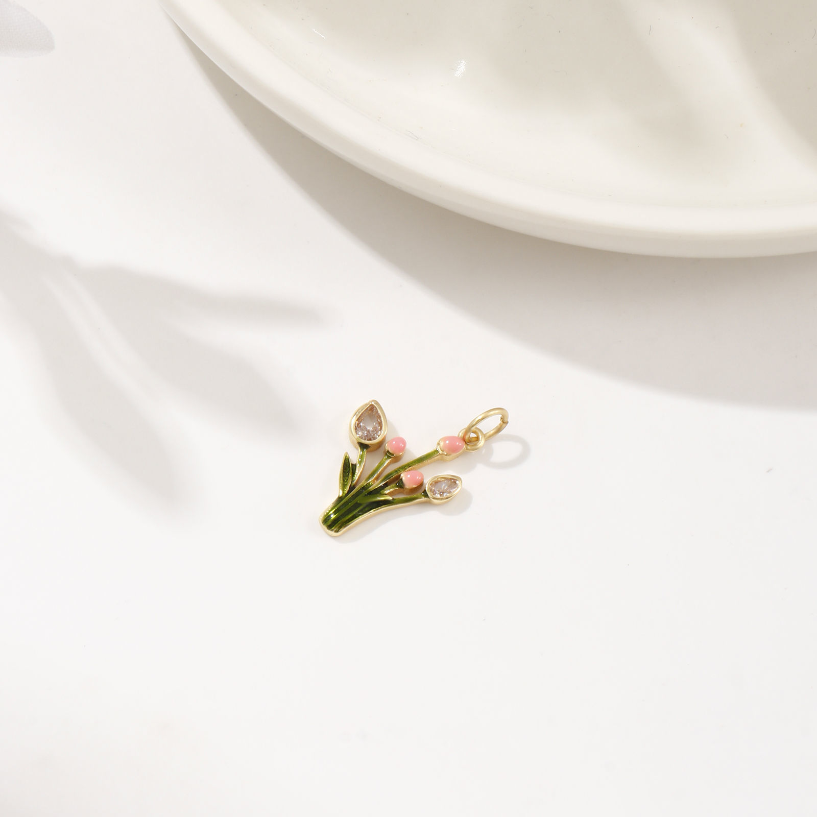 Picture of 1 Piece Eco-friendly Brass Flora Collection Charms 18K Real Gold Plated Green Enamel Tulip Flower Micro Pave Clear Cubic Zirconia 22mm x 13mm