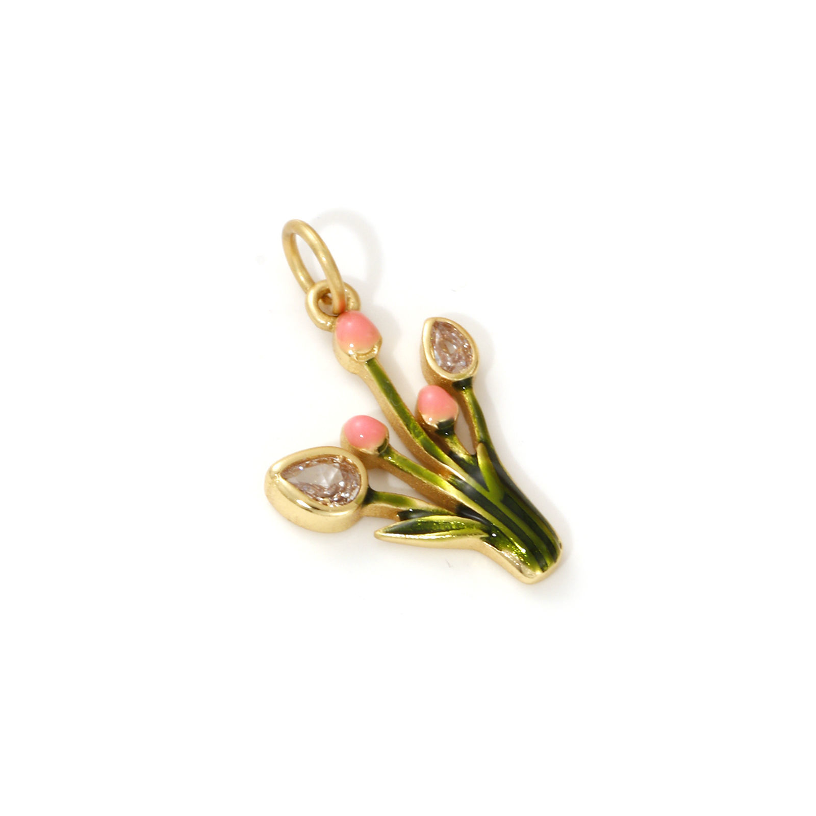 Picture of 1 Piece Eco-friendly Brass Flora Collection Charms 18K Real Gold Plated Green Enamel Tulip Flower Micro Pave Clear Cubic Zirconia 22mm x 13mm