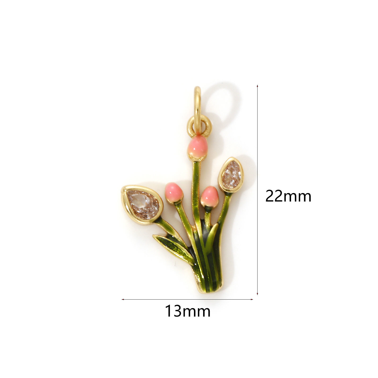 Picture of 1 Piece Eco-friendly Brass Flora Collection Charms 18K Real Gold Plated Green Enamel Tulip Flower Micro Pave Clear Cubic Zirconia 22mm x 13mm
