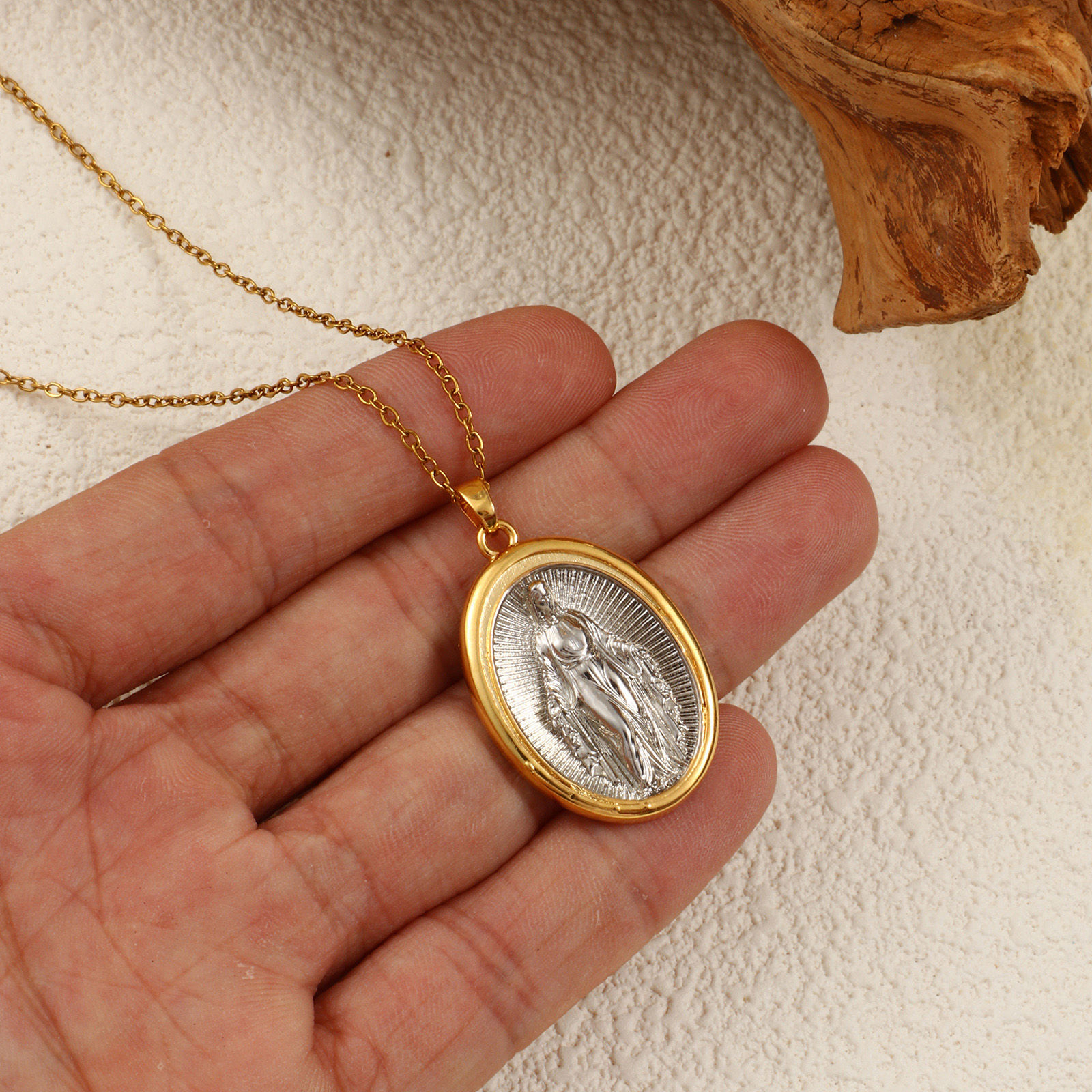 Picture of 1 Piece Eco-friendly Brass Religious Pendants 18K Real Gold Plated & Real Platinum Plated Two Tone Oval Virgin Mary 3.5cm x 1cm