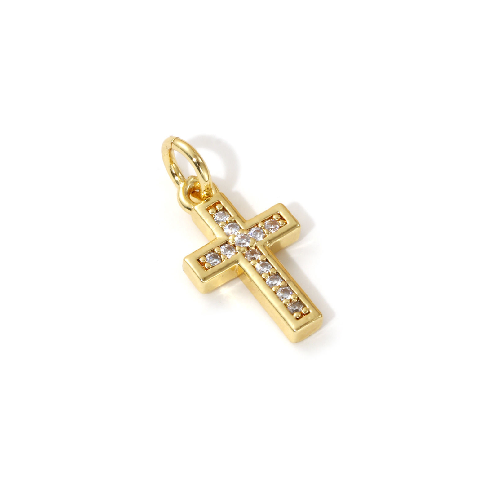 Picture of 2 PCs Eco-friendly Brass Religious Charms 18K Real Gold Plated Cross Micro Pave Clear Cubic Zirconia 18mm x 8mm
