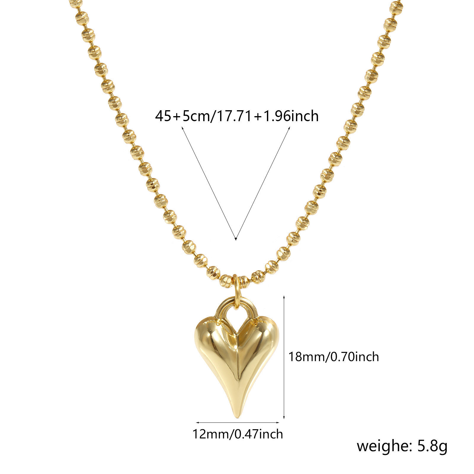 Picture of 18K Real Gold Plated Link Cable Chain Heart Pendant Charm Necklace, Brass 45cm(17.7") + 5cm(2"), For Women, 3D, Exquisite Valentine's Day Gift, Eco-friendly, 1 Piece