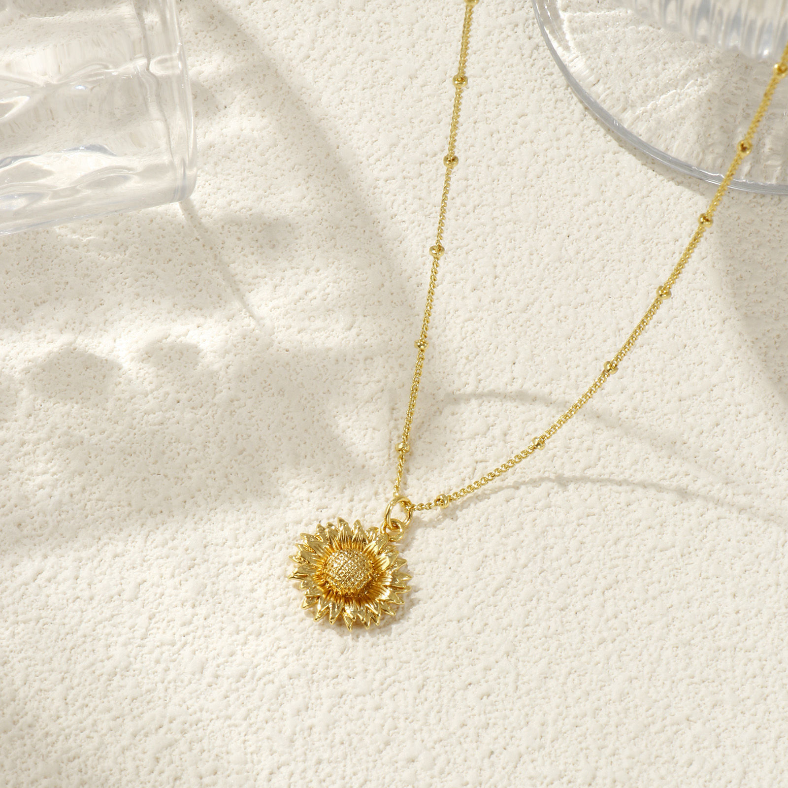 Bild von 18K Echtgold plattiert Panzerkette Kette Sonnenblume Anhänger Halskette, Messing 45cm + 5cm, Für Frauen, Stilvoll Ozean Schmuck Geschenk, Umweltfreundlich, 1 Strang