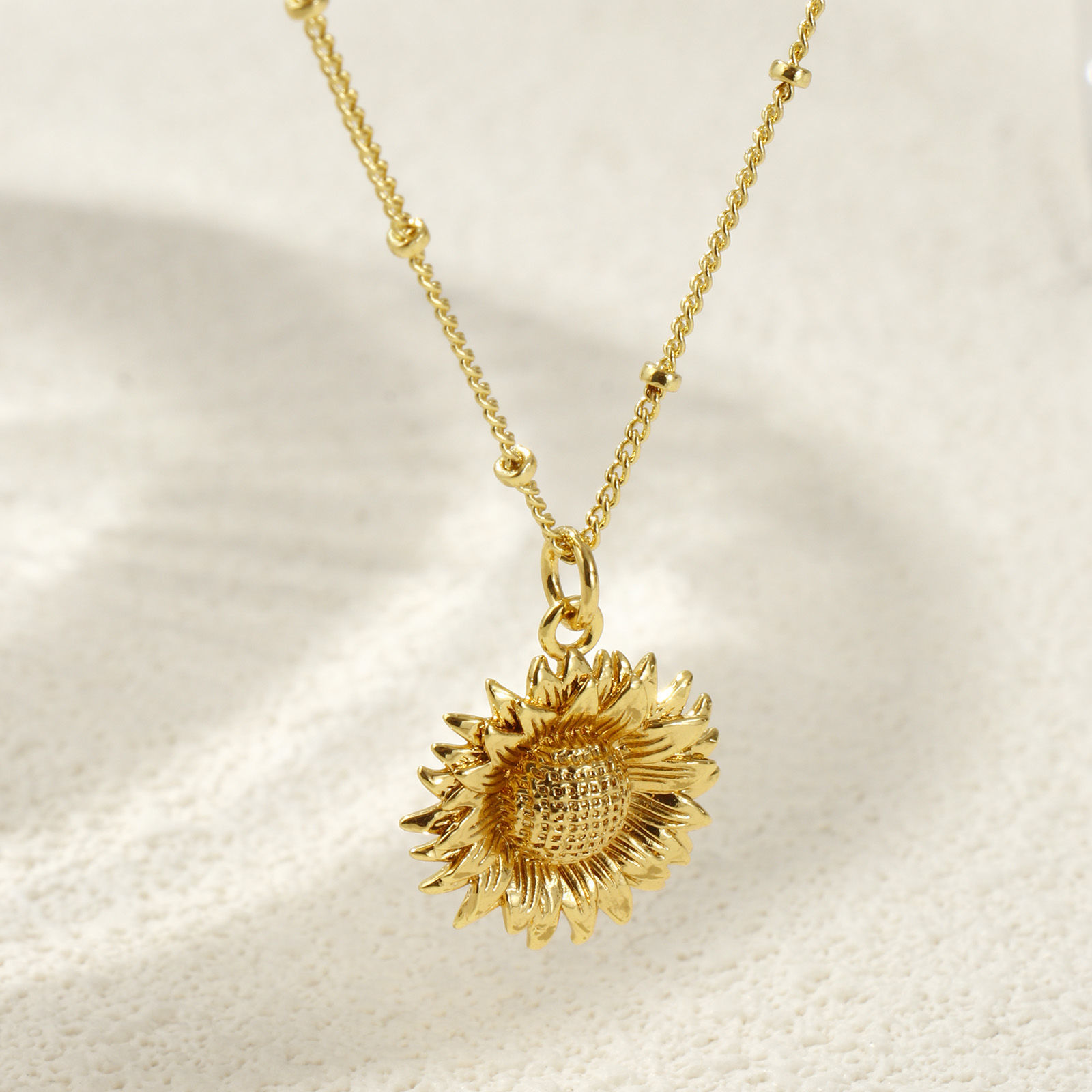 Bild von 18K Echtgold plattiert Panzerkette Kette Sonnenblume Anhänger Halskette, Messing 45cm + 5cm, Für Frauen, Stilvoll Ozean Schmuck Geschenk, Umweltfreundlich, 1 Strang