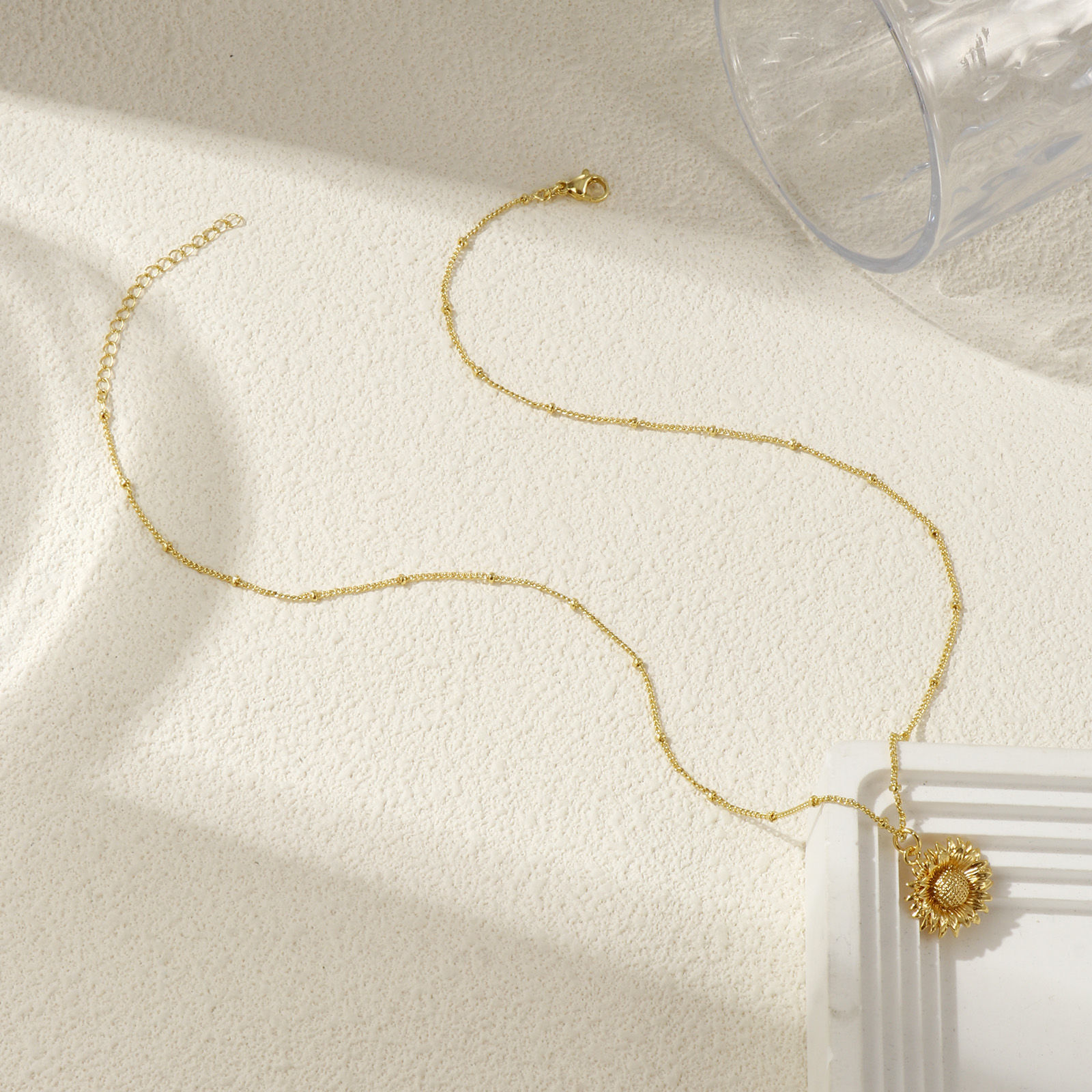 Bild von 18K Echtgold plattiert Panzerkette Kette Sonnenblume Anhänger Halskette, Messing 45cm + 5cm, Für Frauen, Stilvoll Ozean Schmuck Geschenk, Umweltfreundlich, 1 Strang