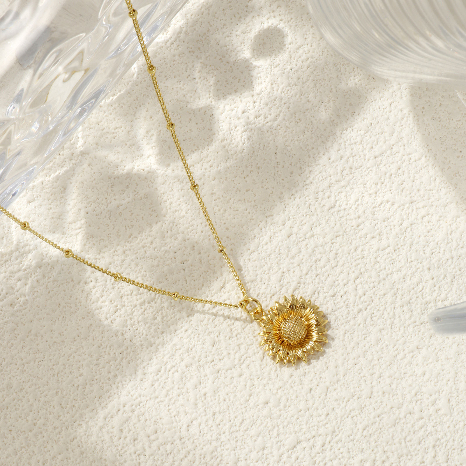 Bild von 18K Echtgold plattiert Panzerkette Kette Sonnenblume Anhänger Halskette, Messing 45cm + 5cm, Für Frauen, Stilvoll Ozean Schmuck Geschenk, Umweltfreundlich, 1 Strang