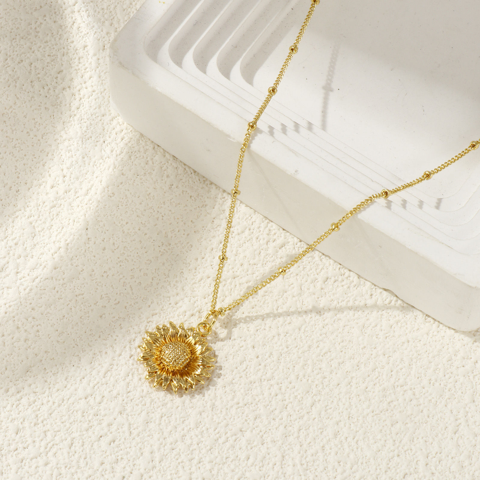 Bild von 18K Echtgold plattiert Panzerkette Kette Sonnenblume Anhänger Halskette, Messing 45cm + 5cm, Für Frauen, Stilvoll Ozean Schmuck Geschenk, Umweltfreundlich, 1 Strang