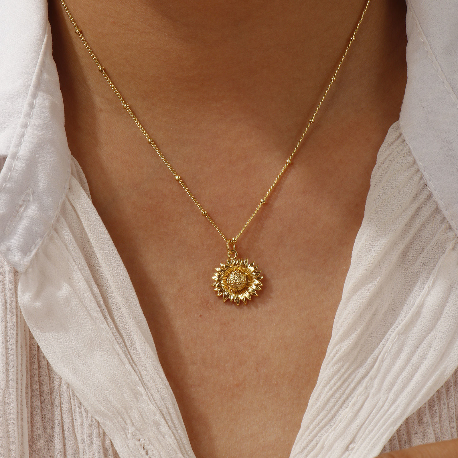 Bild von 18K Echtgold plattiert Panzerkette Kette Sonnenblume Anhänger Halskette, Messing 45cm + 5cm, Für Frauen, Stilvoll Ozean Schmuck Geschenk, Umweltfreundlich, 1 Strang