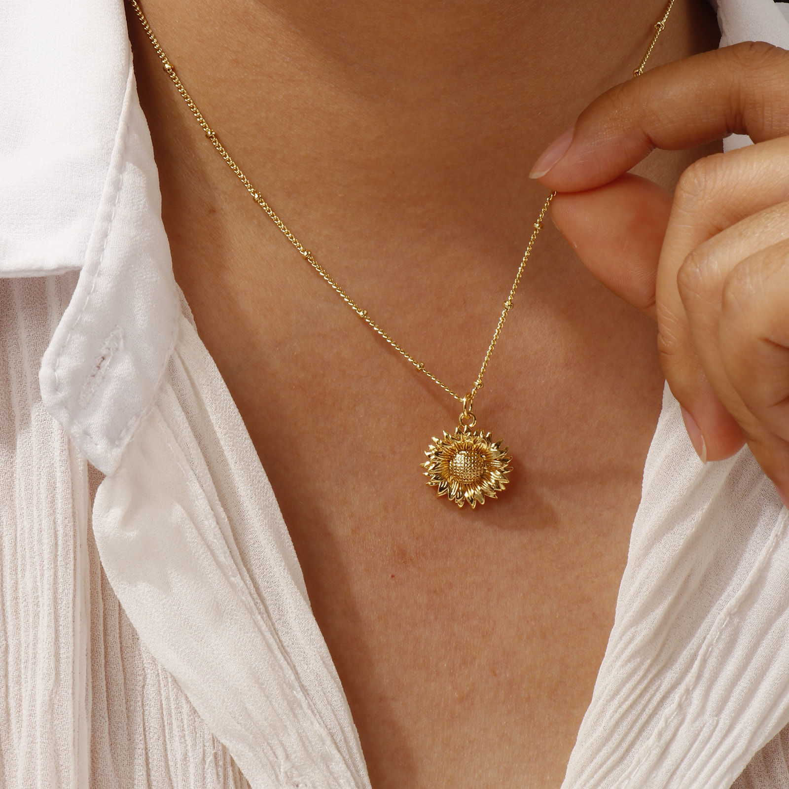 Bild von 18K Echtgold plattiert Panzerkette Kette Sonnenblume Anhänger Halskette, Messing 45cm + 5cm, Für Frauen, Stilvoll Ozean Schmuck Geschenk, Umweltfreundlich, 1 Strang