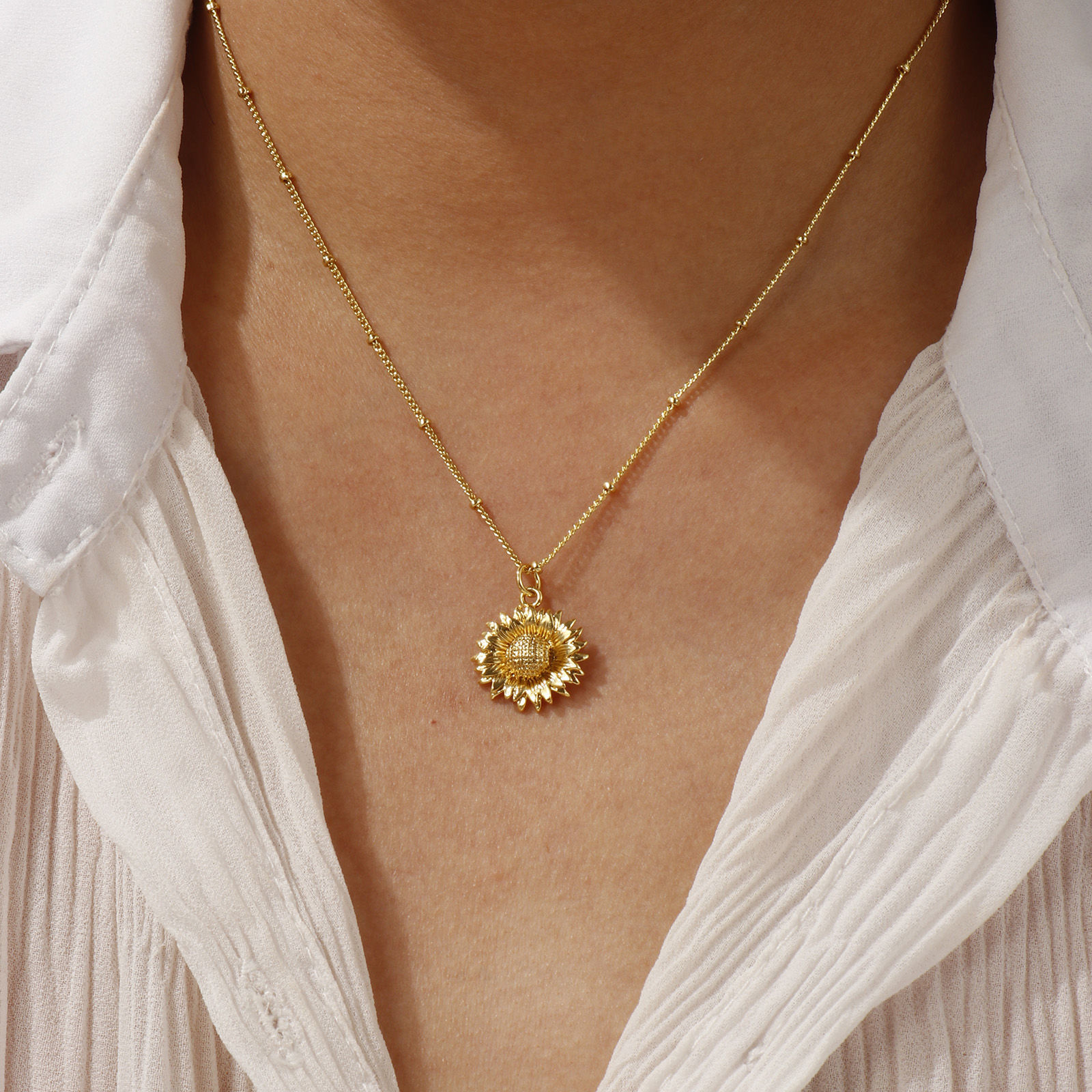 Bild von 18K Echtgold plattiert Panzerkette Kette Sonnenblume Anhänger Halskette, Messing 45cm + 5cm, Für Frauen, Stilvoll Ozean Schmuck Geschenk, Umweltfreundlich, 1 Strang