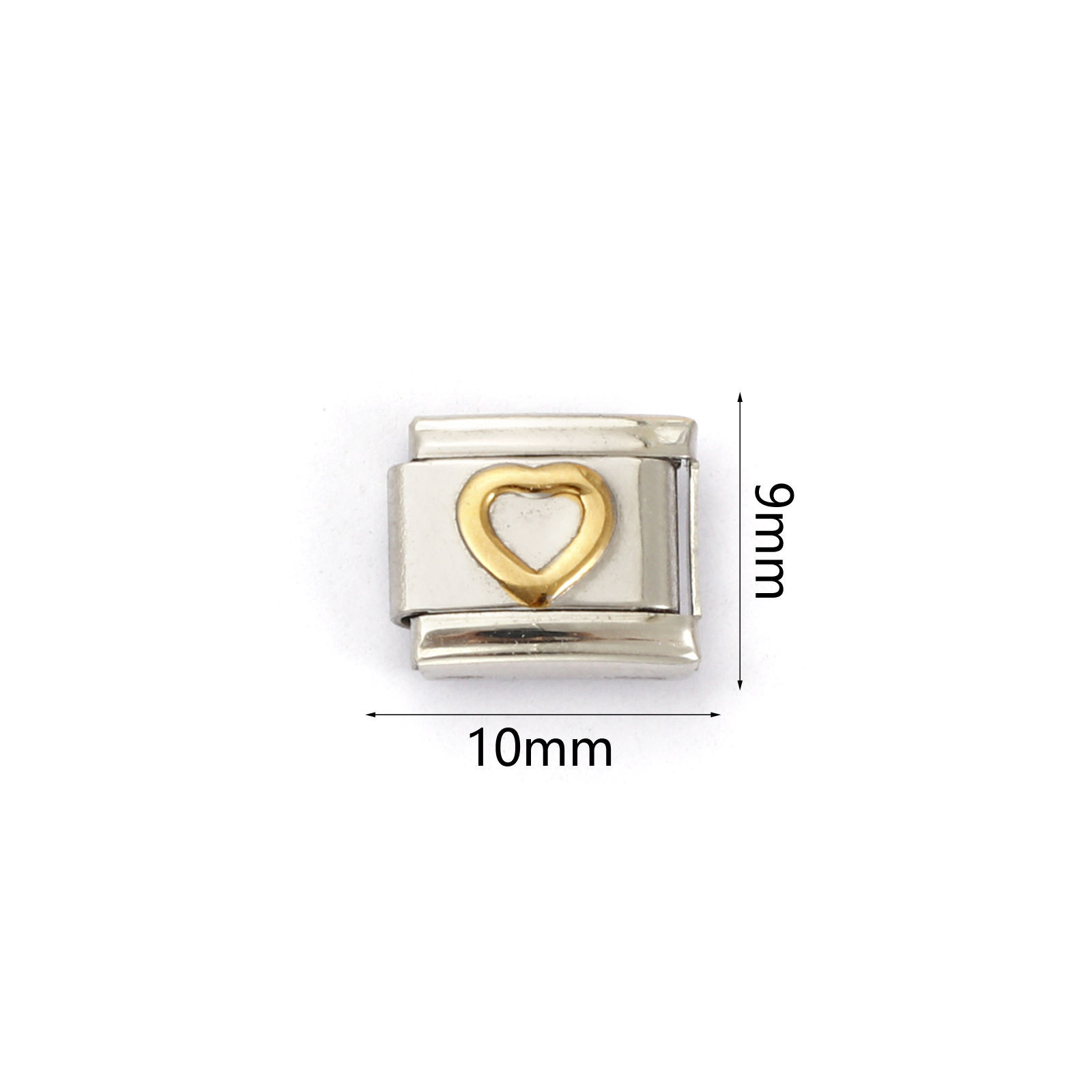 Picture of 18 PCs 304 Stainless Steel Valentine's Day Italian Charm Links For DIY Bracelet Jewelry Making Silver Tone Golden Rectangle Heart 10mm x 9mm