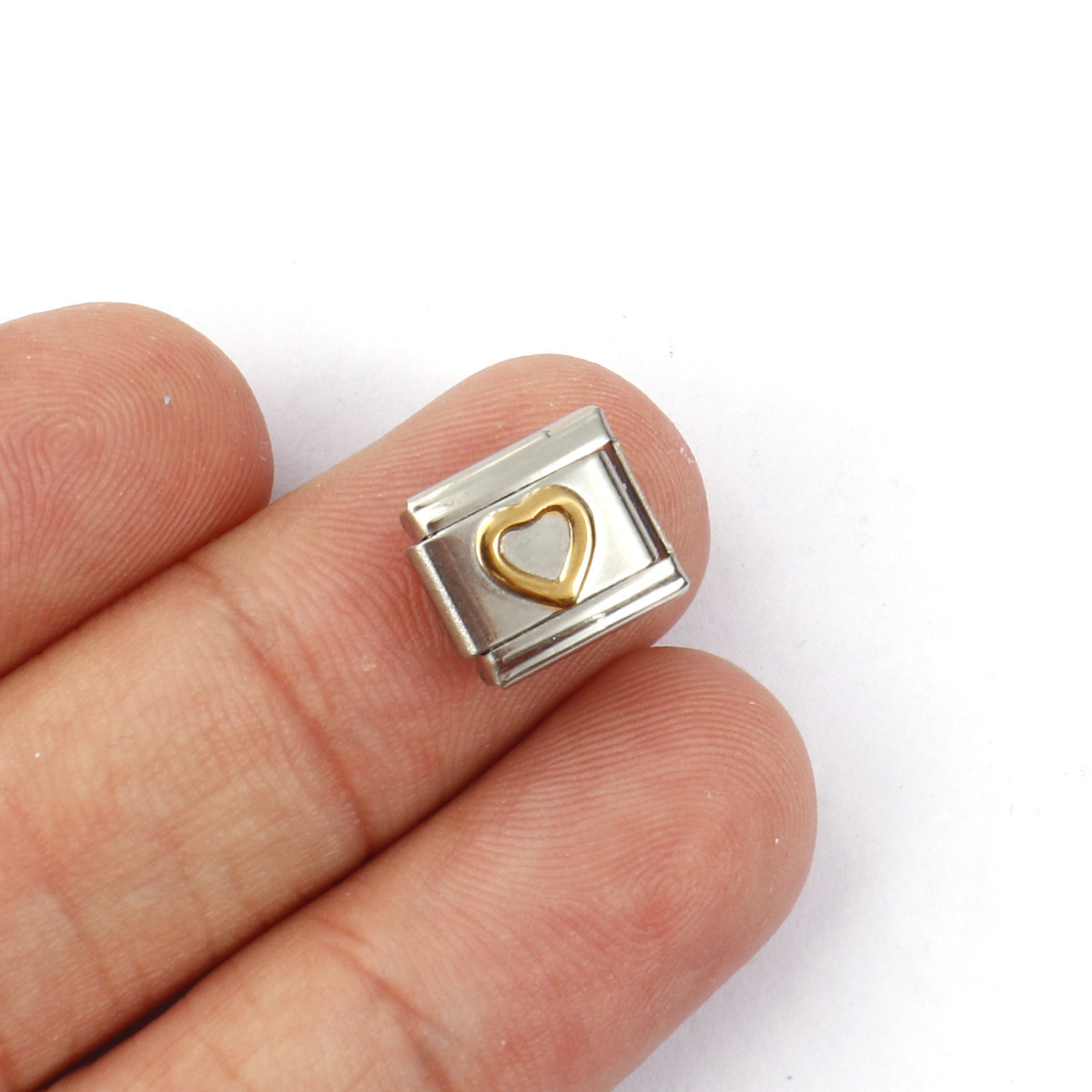 Picture of 18 PCs 304 Stainless Steel Valentine's Day Italian Charm Links For DIY Bracelet Jewelry Making Silver Tone Golden Rectangle Heart 10mm x 9mm