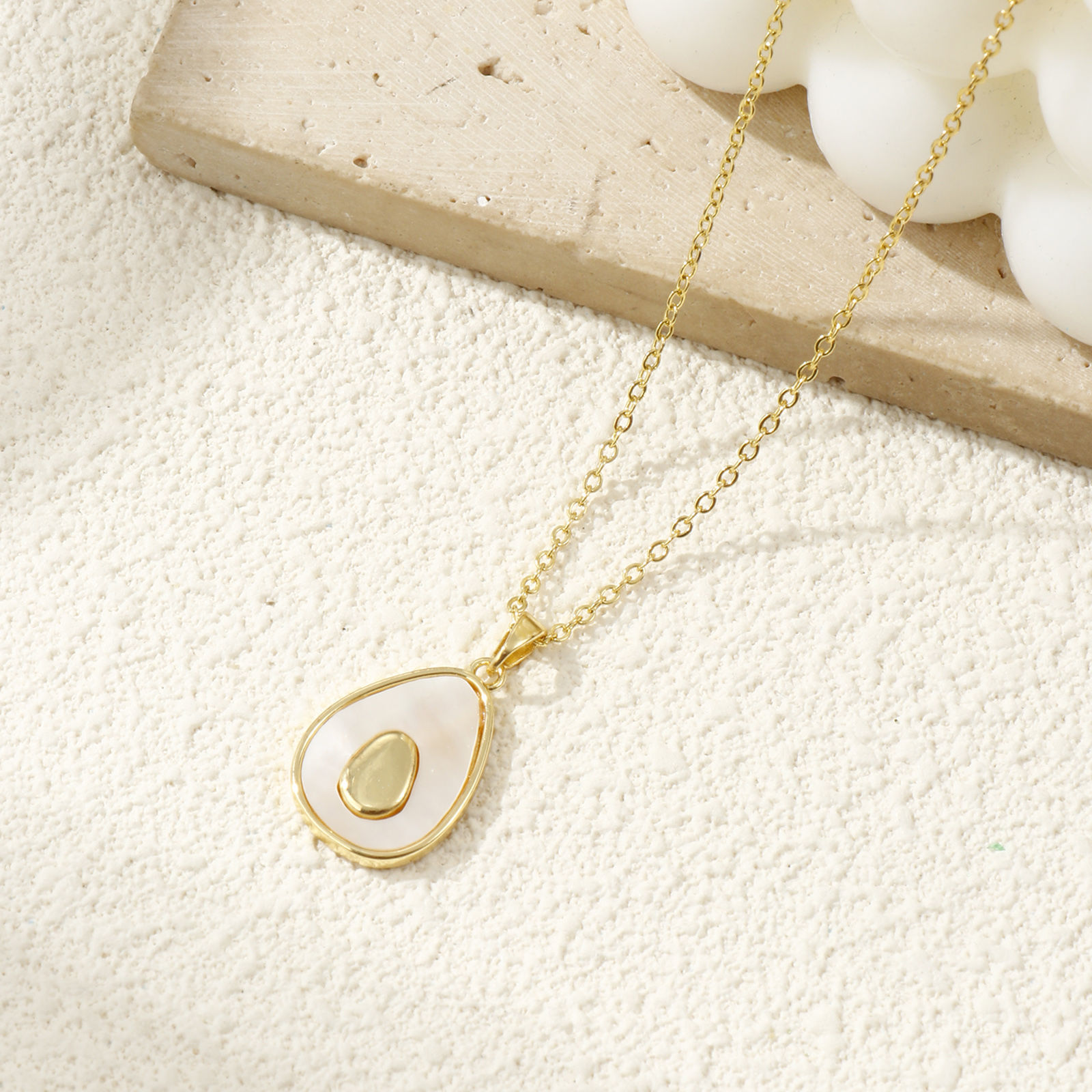 Picture of 1 Piece Natural Shell & Brass Charm Pendant 18K Gold Plated White Avocado Fruit 27mm x 15mm