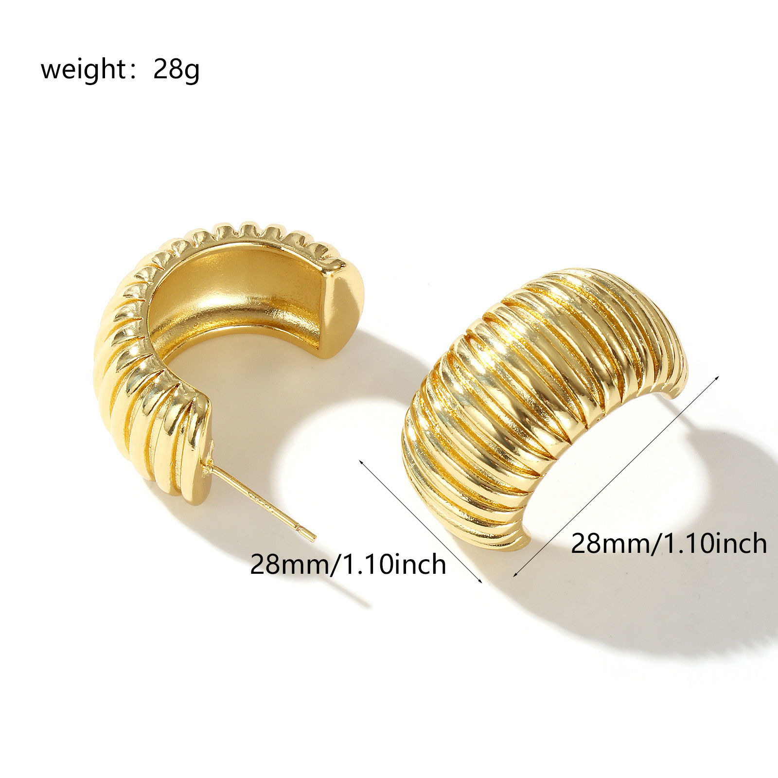 Изображение 1 Пара Экологичный Минималистский Изысканный 18K настоящее золото с покрытием Латунь C форма С Полосами Серьги-кольца Для женщин подарок 28мм x 28мм, Размер провода: 0.7мм(21 калибров)