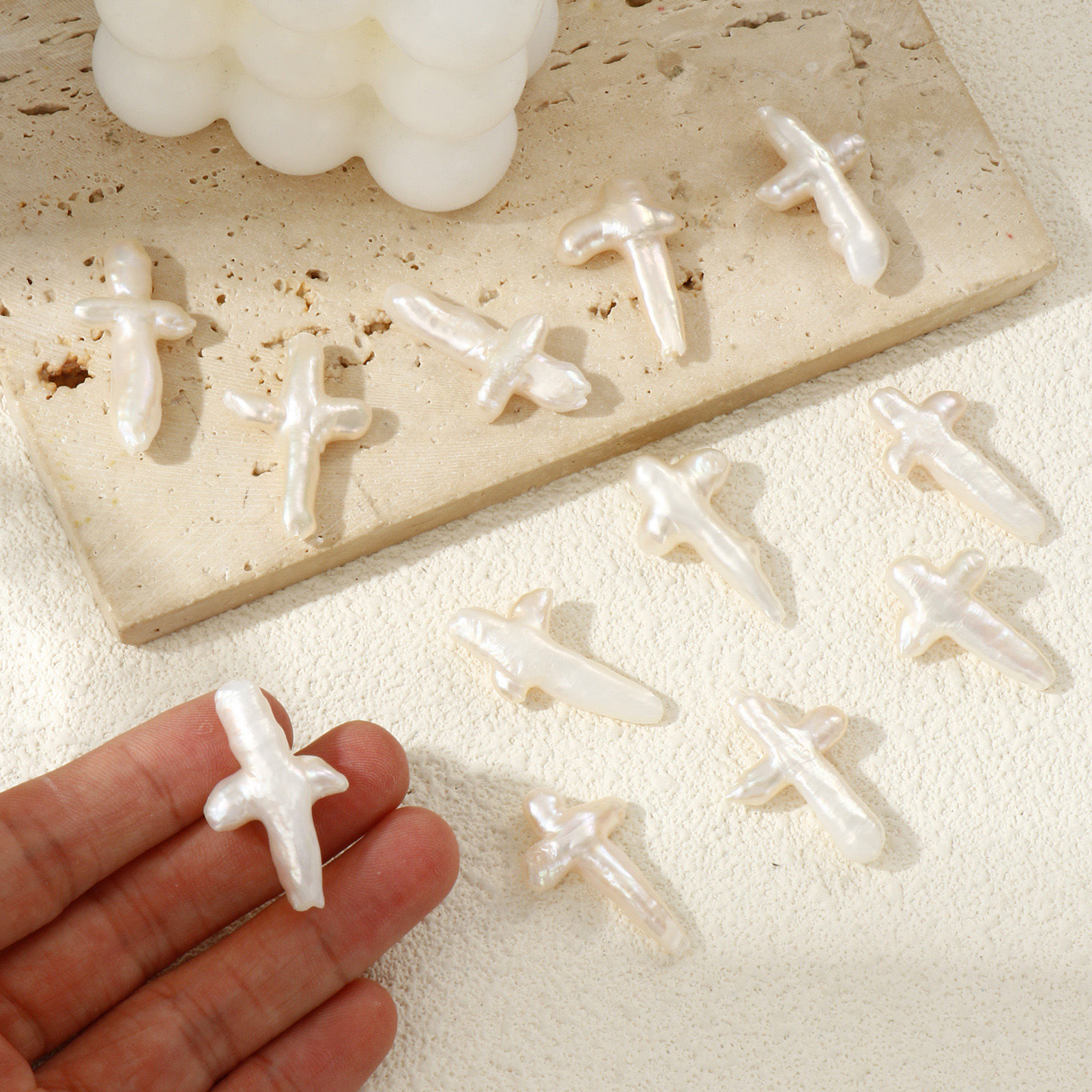 Picture of 1 Piece Natural Freshwater Cultured Pearl Baroque Beads For DIY Jewelry Making Cross White About 3cm x 1.8cm, Hole: Approx 1mm