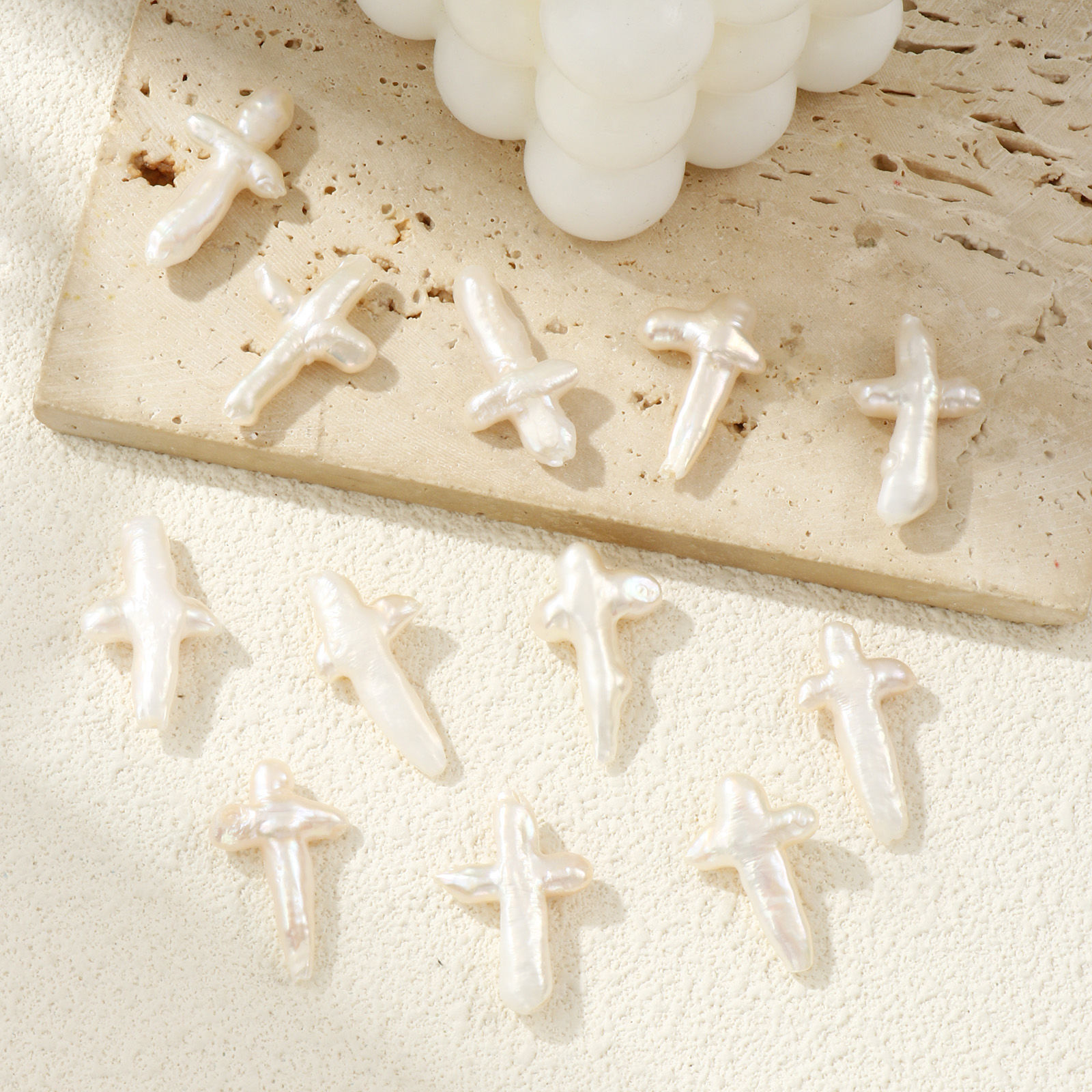 Picture of 1 Piece Natural Freshwater Cultured Pearl Baroque Beads For DIY Jewelry Making Cross White About 3cm x 1.8cm, Hole: Approx 1mm