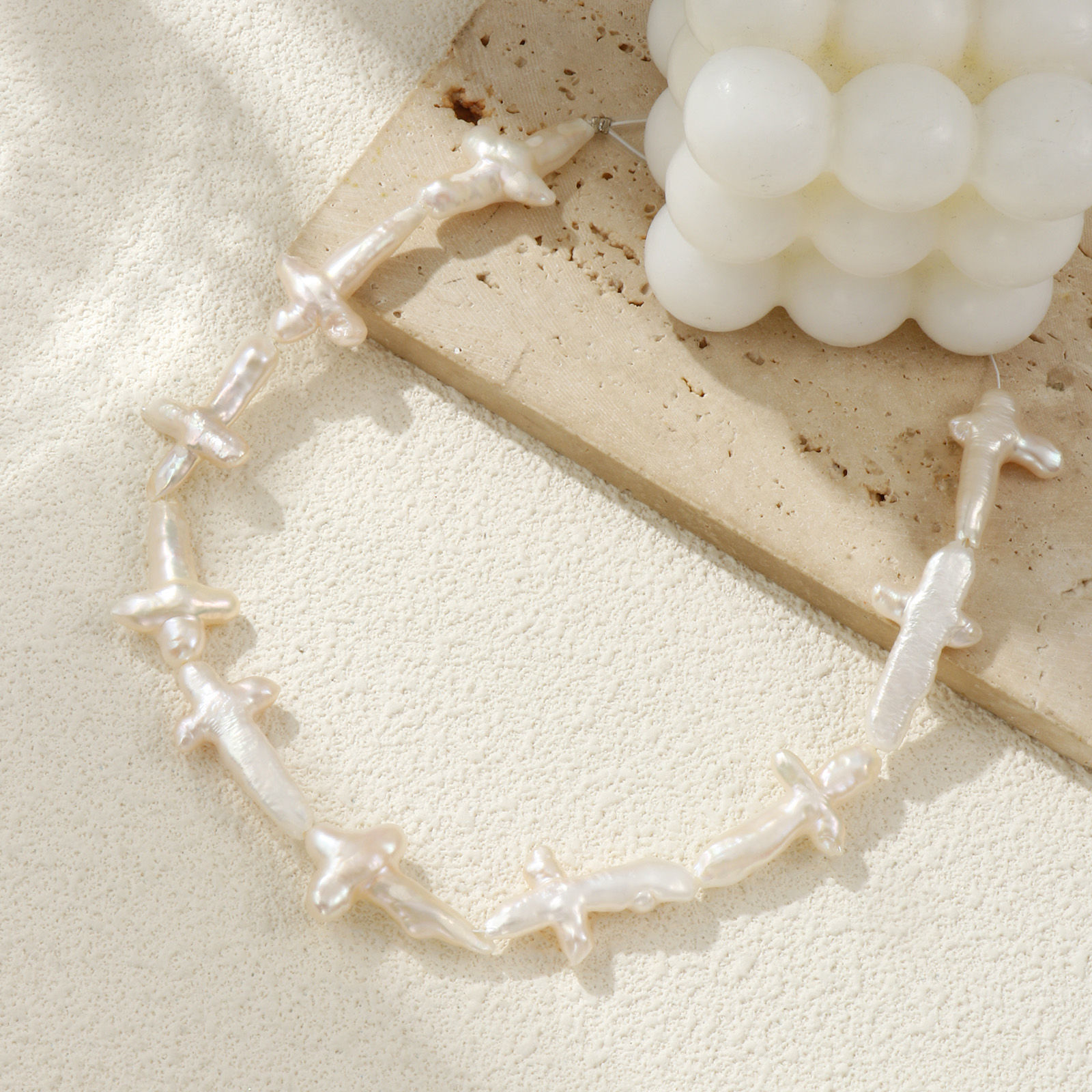 Picture of 1 Piece Natural Freshwater Cultured Pearl Baroque Beads For DIY Jewelry Making Cross White About 3cm x 1.8cm, Hole: Approx 1mm