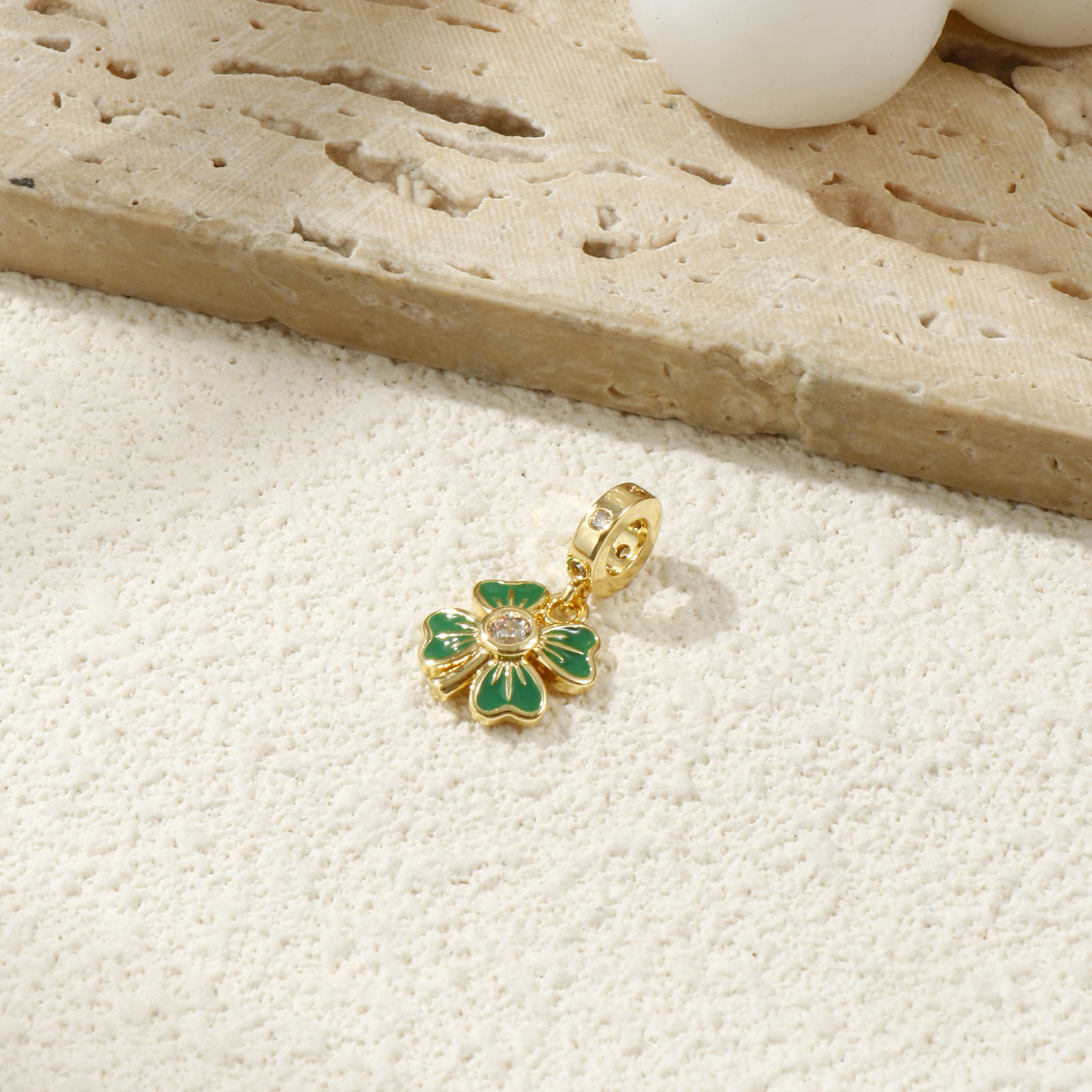 Picture of 2 PCs Eco-friendly Brass European Style Dangle Charm Beads For Bracelet Necklace Jewelry Making 18K Real Gold Plated Green Enamel Four Leaf Clover Micro Pave Clear Cubic Zirconia 21mm x 11.5mm