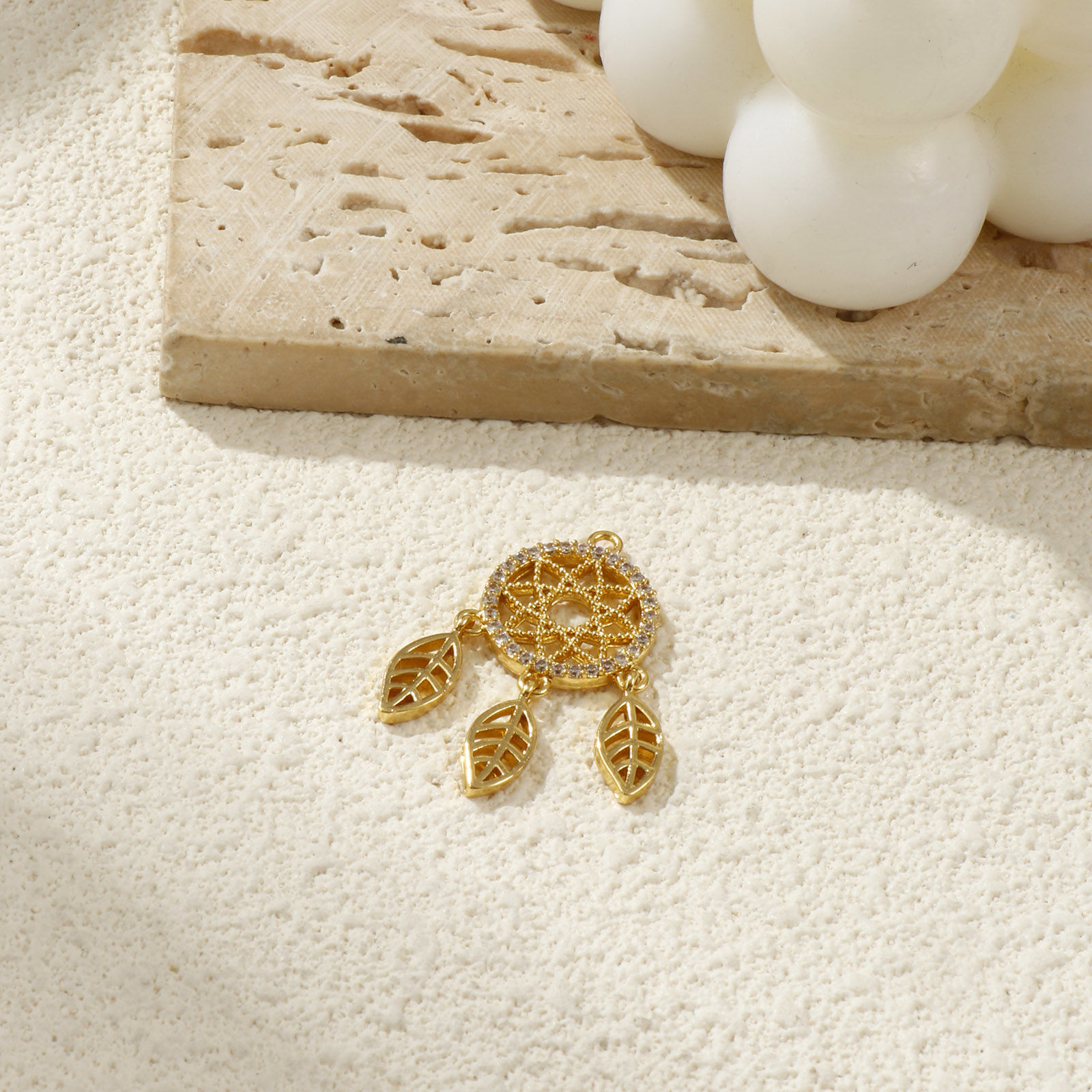 Picture of 1 Piece Brass Pendants 18K Gold Plated Dream Catcher Clear Cubic Zirconia 3.1cm x 1.7cm