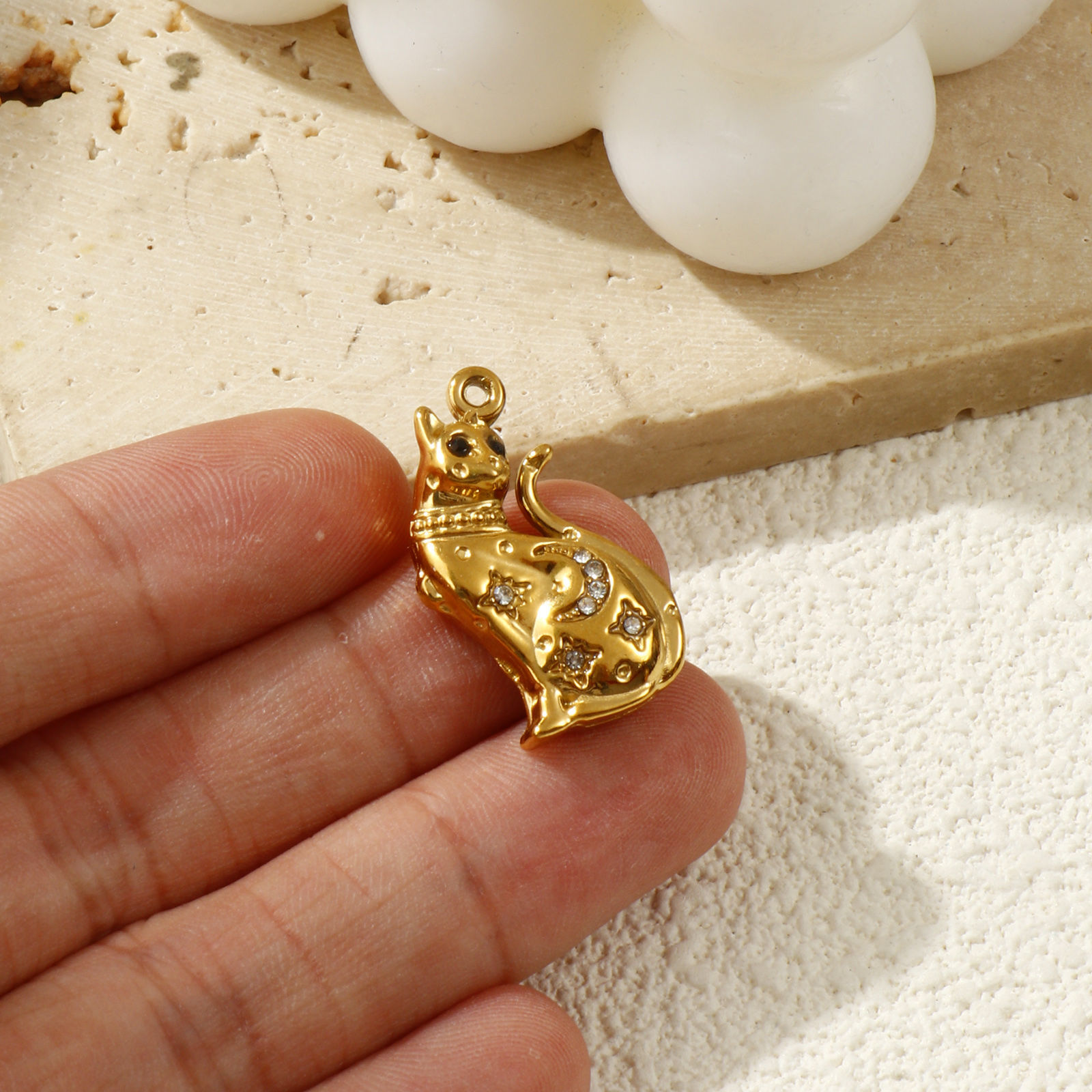 Picture of 2 PCs Eco-friendly PVD Vacuum Plating 304 Stainless Steel Charms 18K Real Gold Plated Cat Animal Moon Black Rhinestone 25mm x 15mm