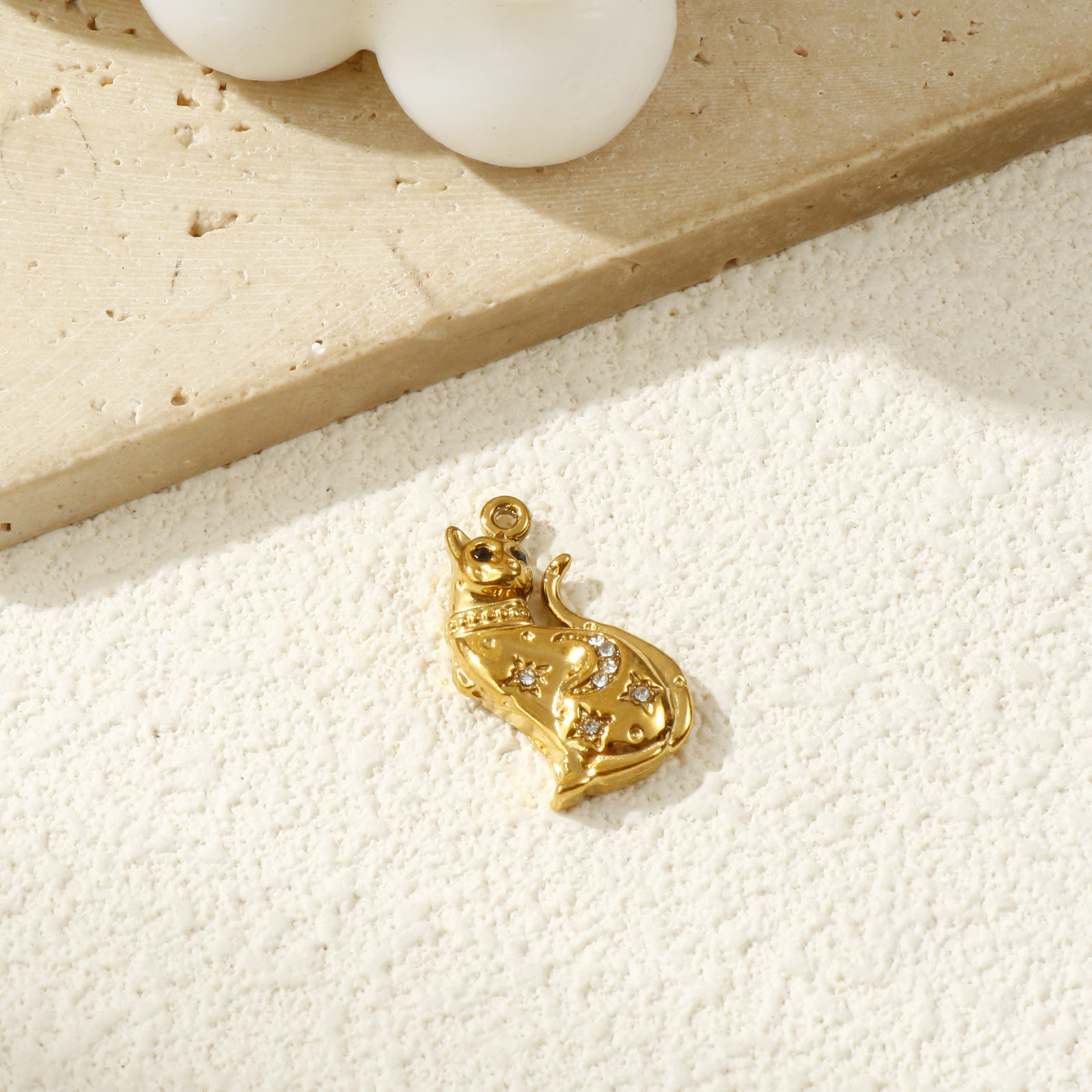 Picture of 2 PCs Eco-friendly PVD Vacuum Plating 304 Stainless Steel Charms 18K Real Gold Plated Cat Animal Moon Black Rhinestone 25mm x 15mm