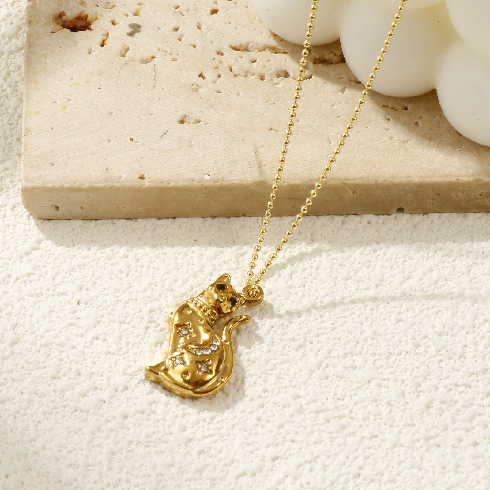 Picture of 2 PCs Eco-friendly PVD Vacuum Plating 304 Stainless Steel Charms 18K Real Gold Plated Cat Animal Moon Black Rhinestone 25mm x 15mm