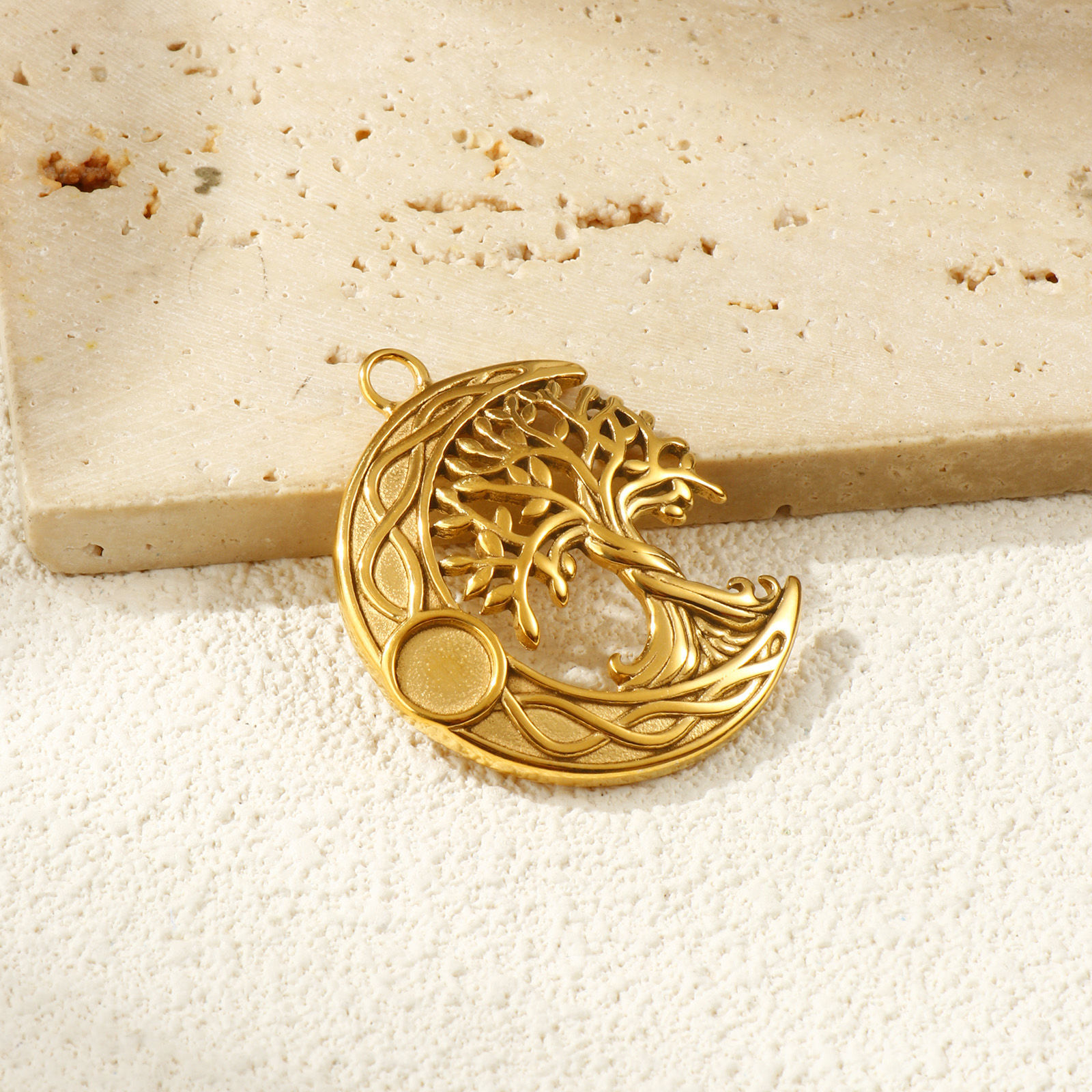 Изображение 1 ШТ Экологичное вакуумное PVD-покрытие 304 Нержавеющая Сталь галактика Подвески 18K настоящее золото с покрытием Луна половина Древо жизни Основы для Кабошонов (Подходит 8мм) 4.5см x 3.5см