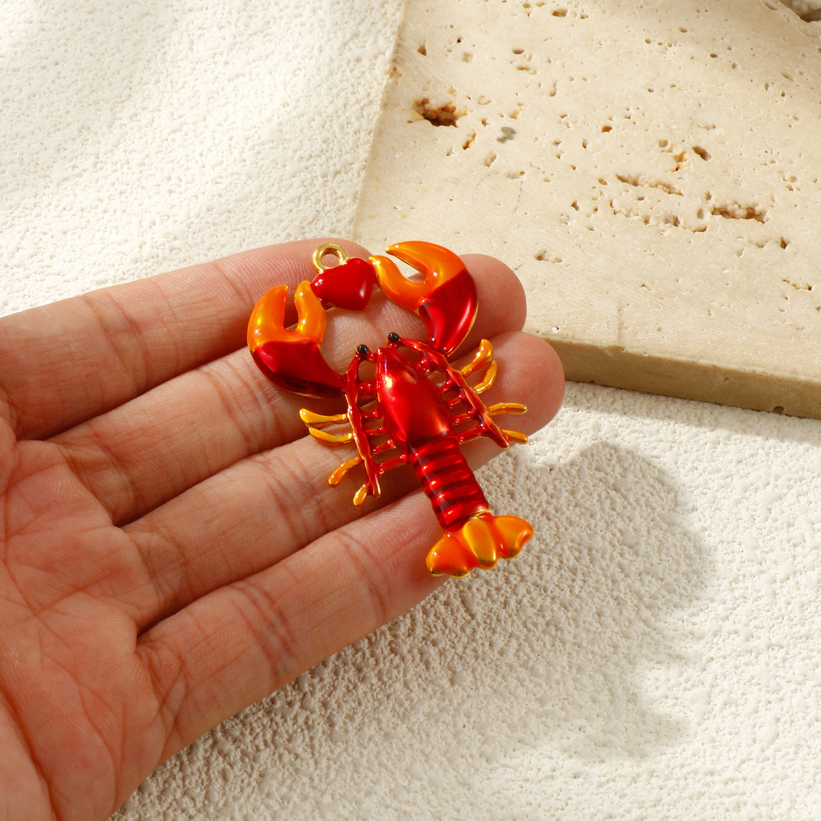 Picture of 1 Piece Eco-friendly PVD Vacuum Plating 304 Stainless Steel Ocean Jewelry Pendants 18K Real Gold Plated Red Enamel Lobster 5.3cm x 3.2cm
