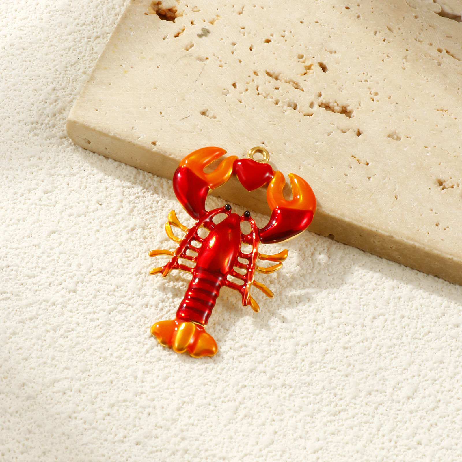 Picture of 1 Piece Eco-friendly PVD Vacuum Plating 304 Stainless Steel Ocean Jewelry Pendants 18K Real Gold Plated Red Enamel Lobster 5.3cm x 3.2cm
