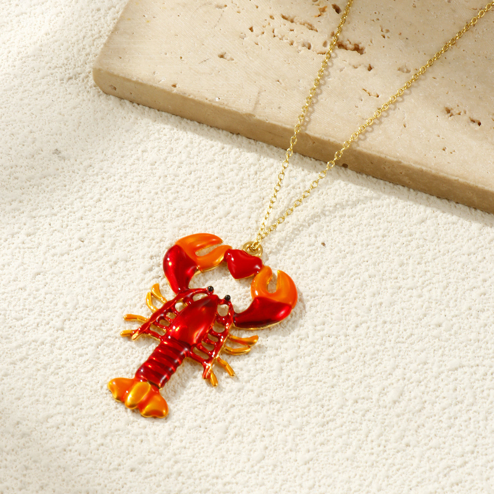 Picture of 1 Piece Eco-friendly PVD Vacuum Plating 304 Stainless Steel Ocean Jewelry Pendants 18K Real Gold Plated Red Enamel Lobster 5.3cm x 3.2cm