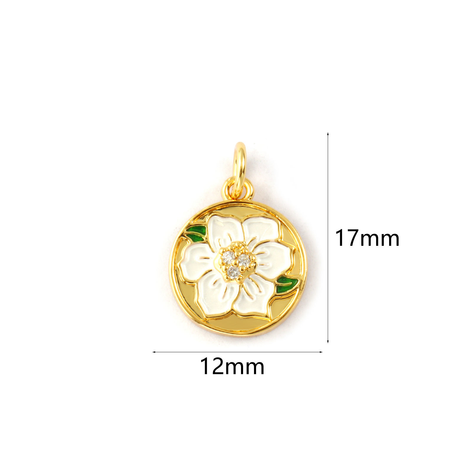 Picture of 2 PCs Eco-friendly Brass Flora Collection Charms 18K Real Gold Plated White Enamel Round Disc Flower Micro Pave Clear Cubic Zirconia 17mm x 12mm