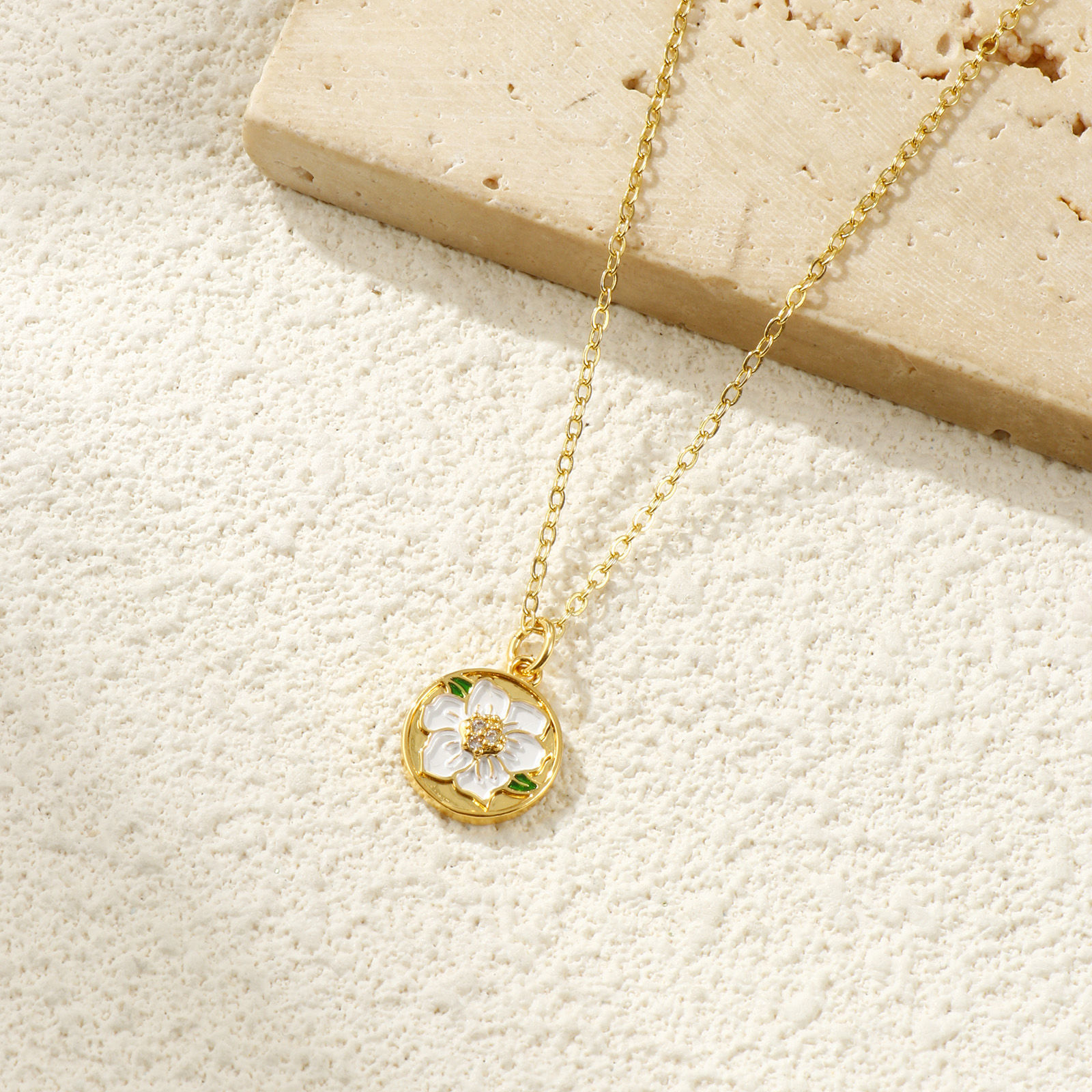 Picture of 2 PCs Eco-friendly Brass Flora Collection Charms 18K Real Gold Plated White Enamel Round Disc Flower Micro Pave Clear Cubic Zirconia 17mm x 12mm