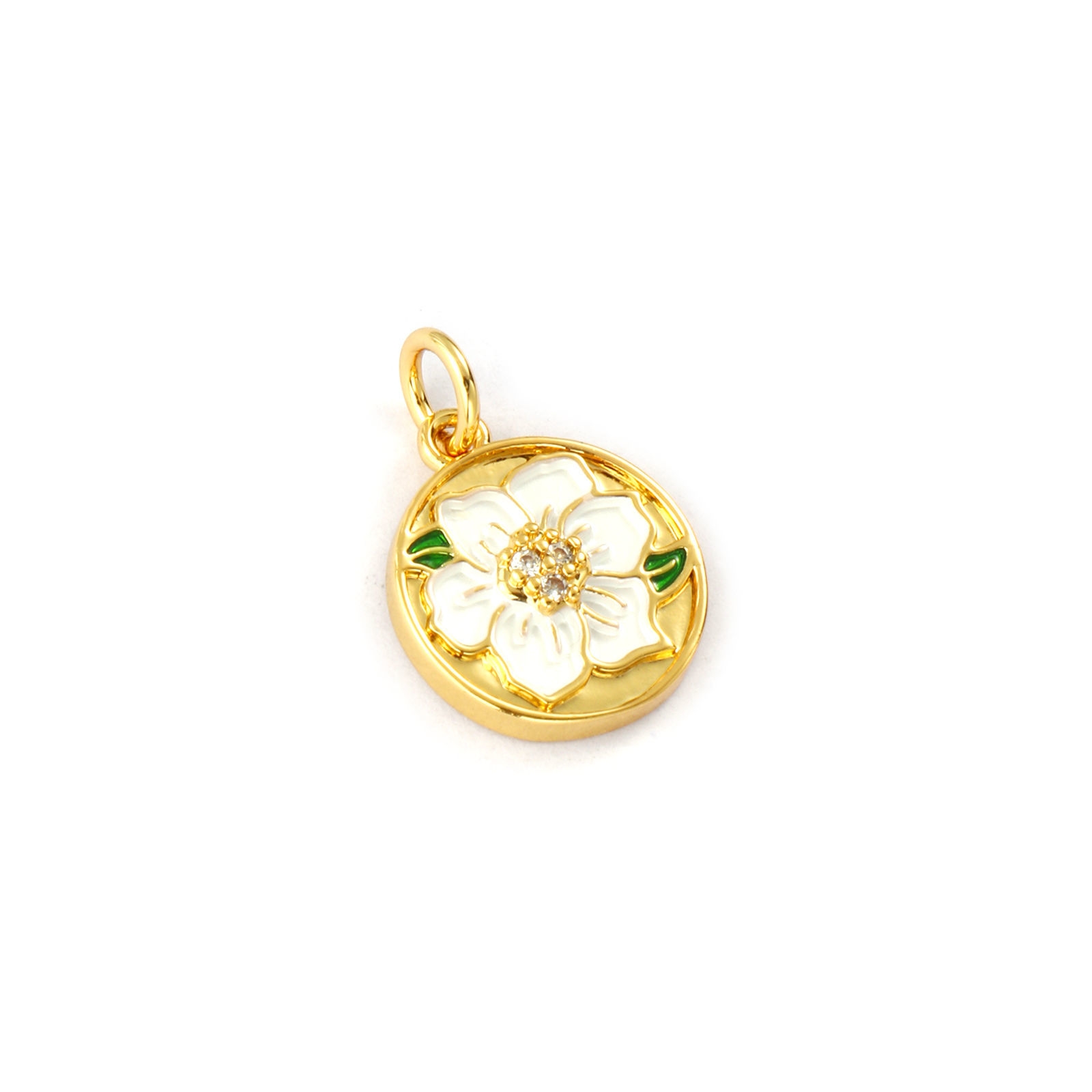 Picture of 2 PCs Eco-friendly Brass Flora Collection Charms 18K Real Gold Plated White Enamel Round Disc Flower Micro Pave Clear Cubic Zirconia 17mm x 12mm