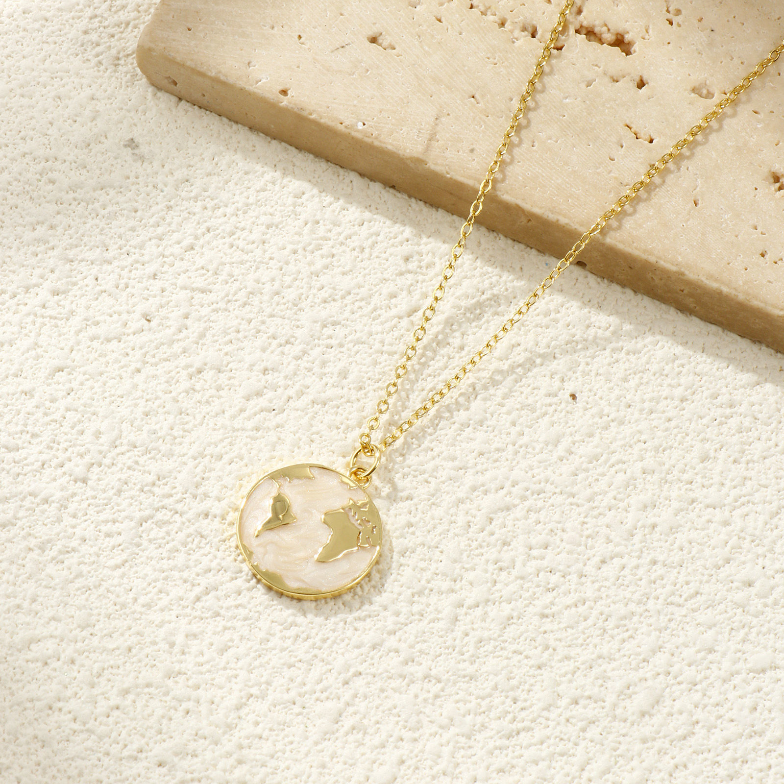 Picture of 2 PCs Eco-friendly Brass Charms 18K Real Gold Plated Beige Enamel Planet Earth Pearlized 24mm x 18mm