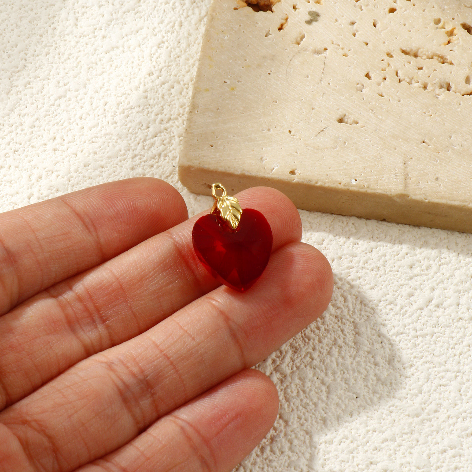 Picture of 2 PCs Eco-friendly Brass & Glass Valentine's Day Charms 18K Real Gold Plated Wine Red Heart Faceted 19mm x 14mm