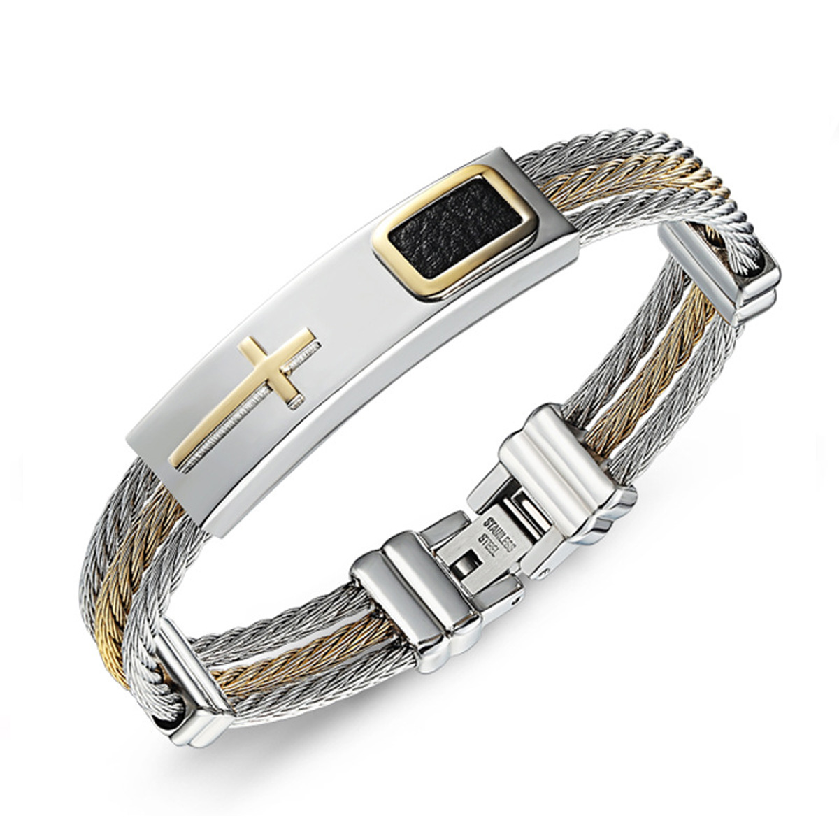 Picture of Titanium Steel Bracelets Gold Plated & Silver Tone Rectangle Cross Multilayer 21cm(8 2/8") long, 1 Piece