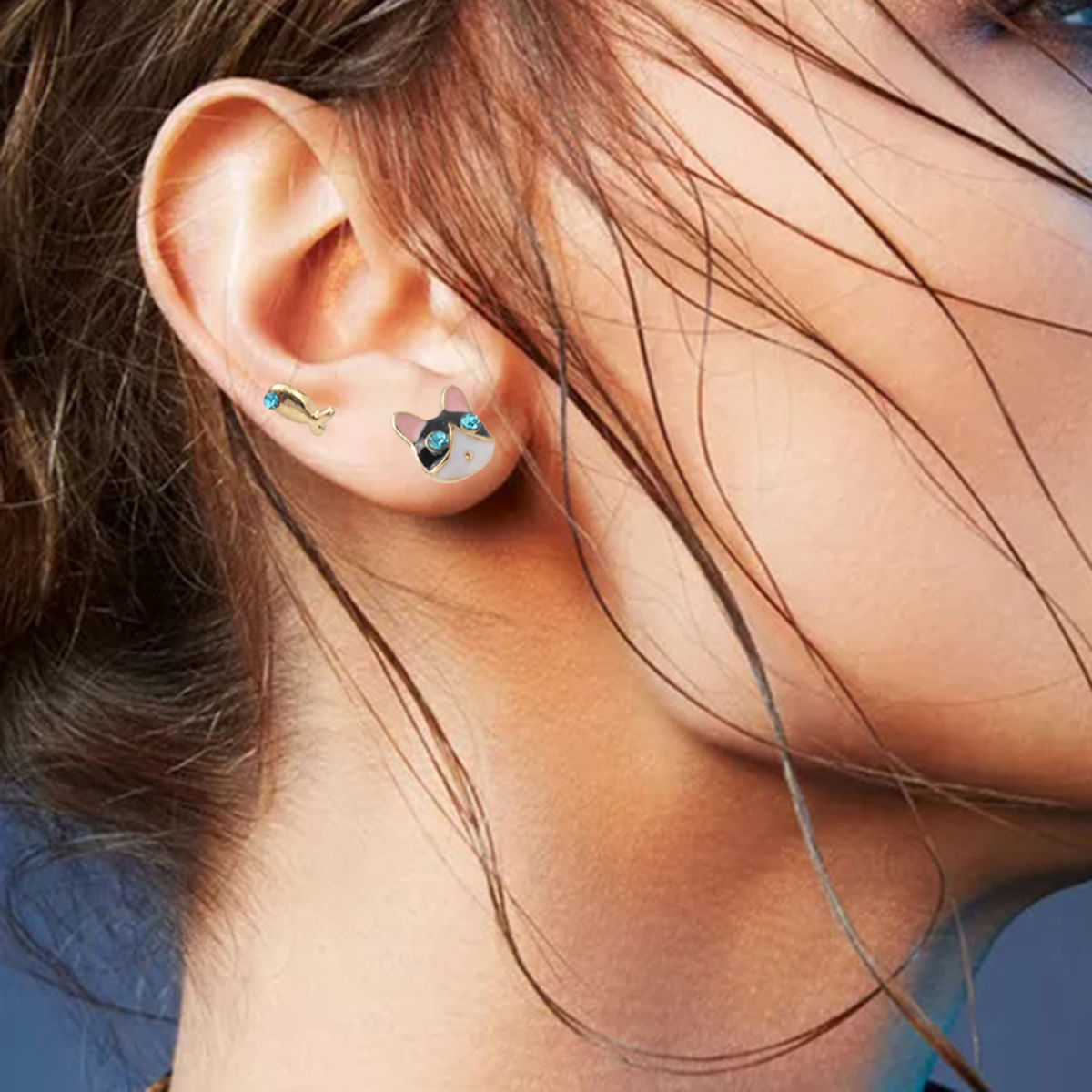 Picture of Ear Post Stud Earrings Gold Plated Black Cat Animal Fish Blue Rhinestone Enamel 1 Pair