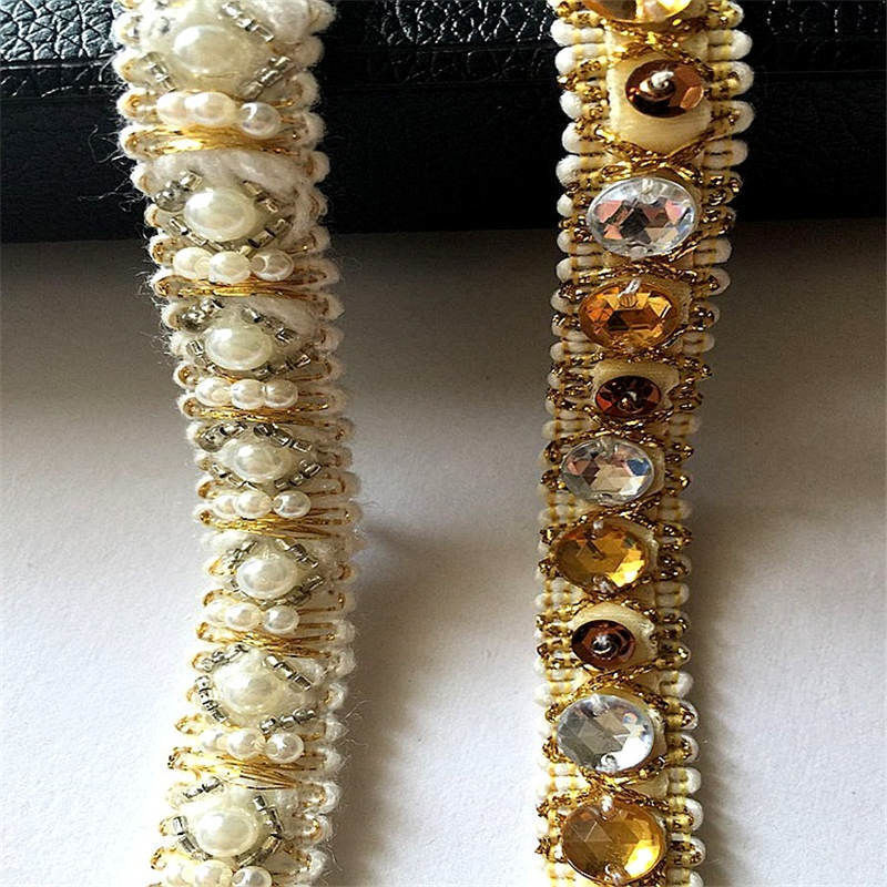Изображение 1 Yard Polyester & Acrylic Jacquard Webbing Ribbon White Beaded 15mm
